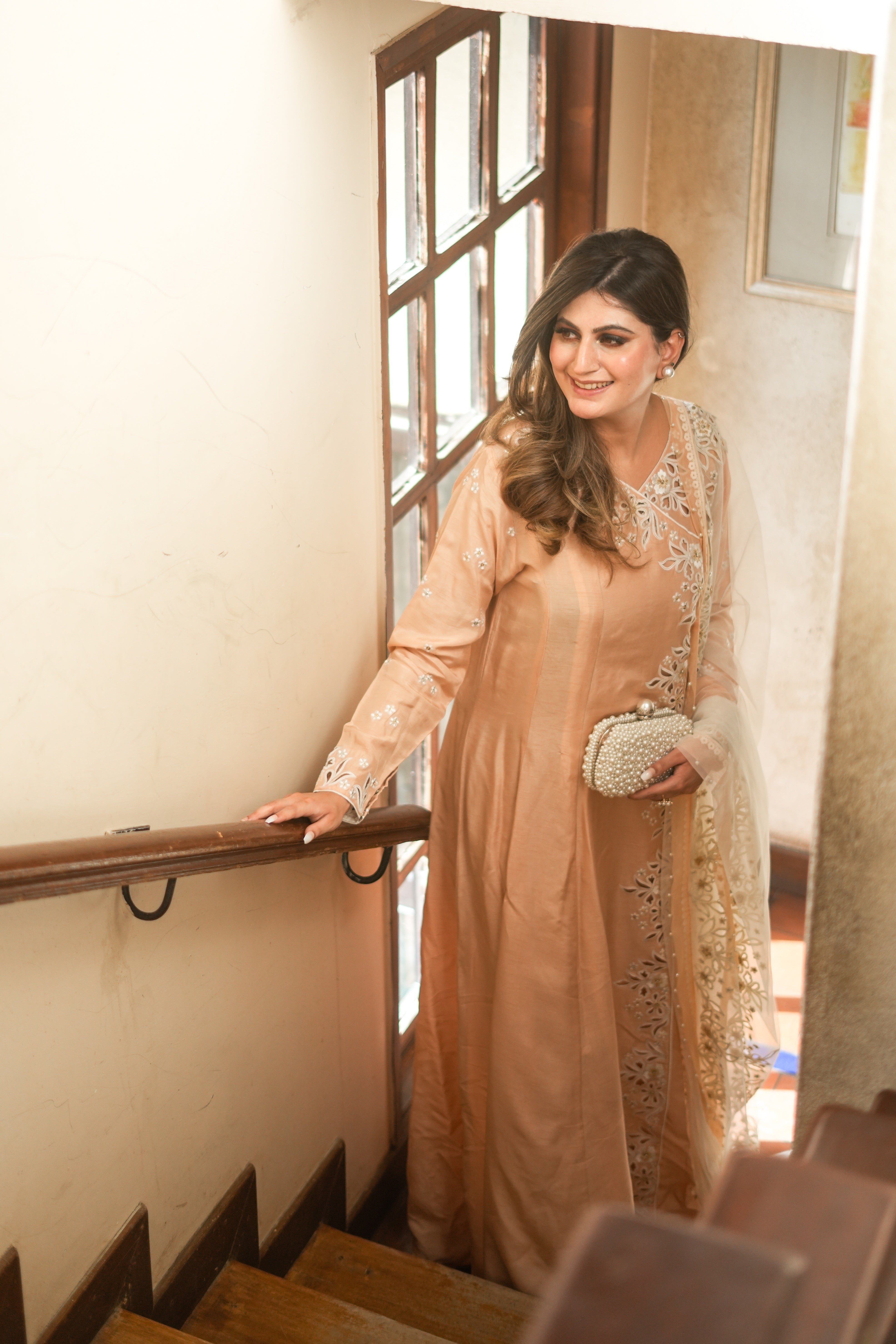 Peach Embroidered Korean Silk Gown (3-Piece) - Image 9