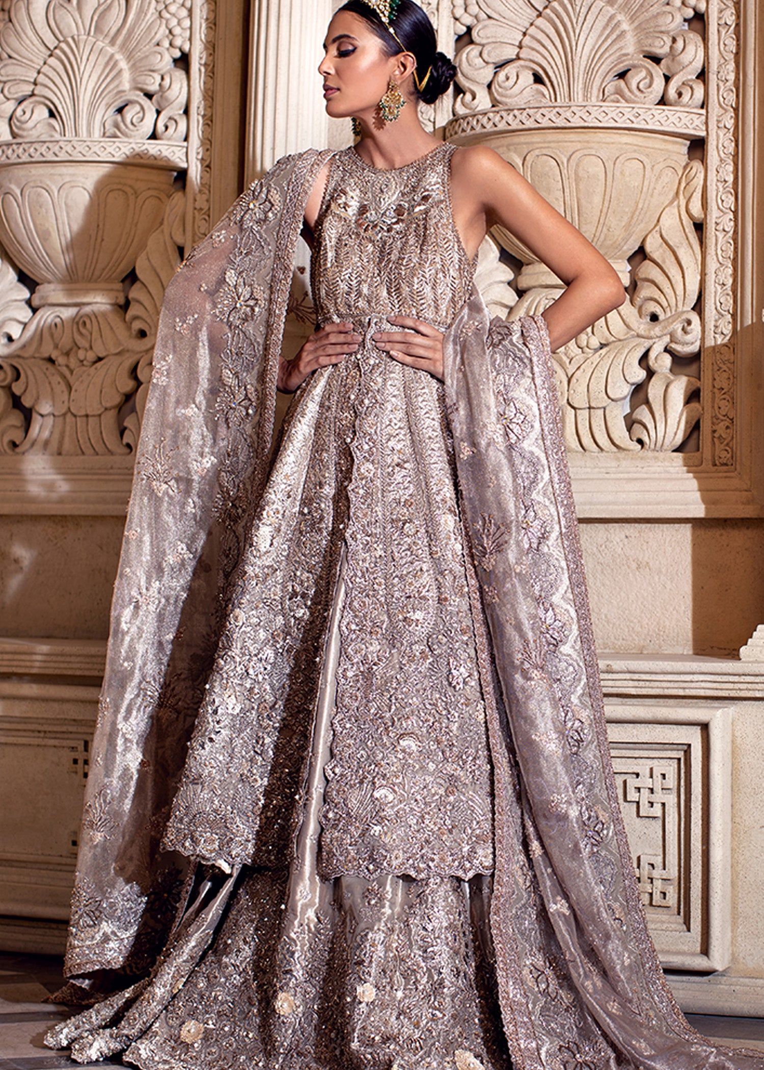 Pakistani Platinum Rose Metallic Embellished Bridal Gown (2-Piece) - Image 3