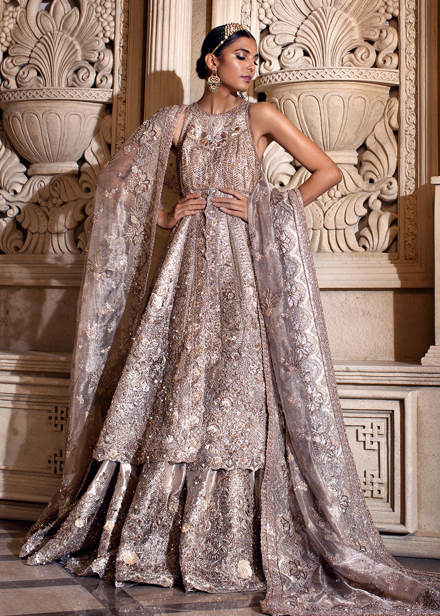 Pakistani Platinum Rose Metallic Embellished Bridal Gown (2-Piece) - Image 6