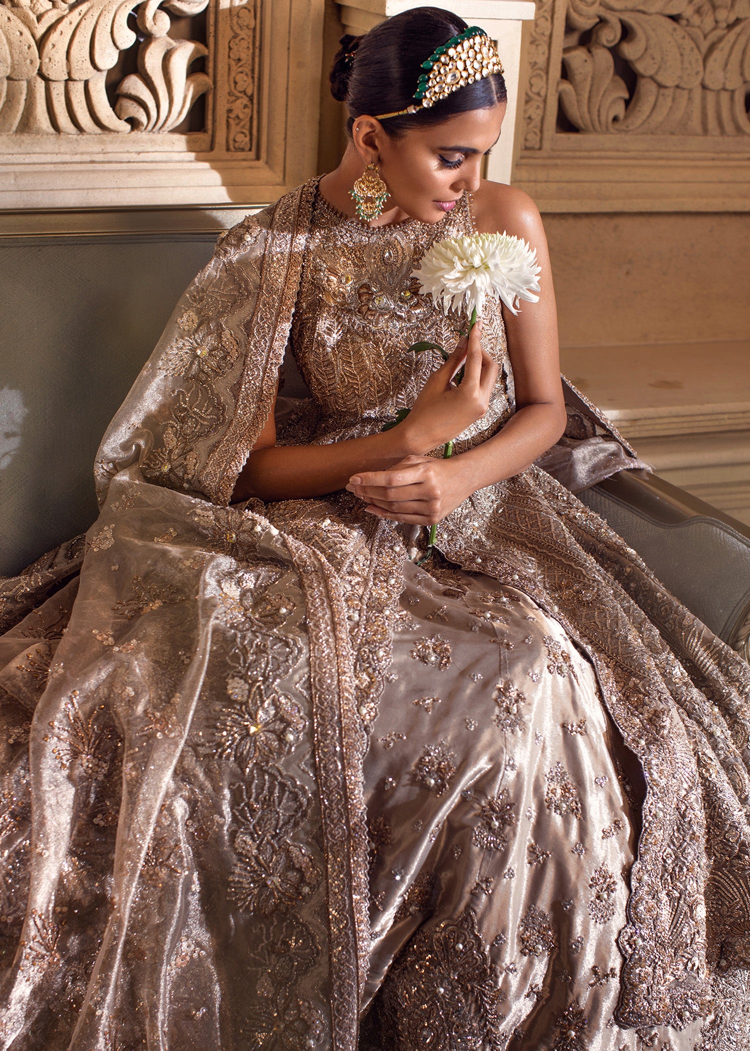 Pakistani Platinum Rose Metallic Embellished Bridal Gown (2-Piece) - Image 8