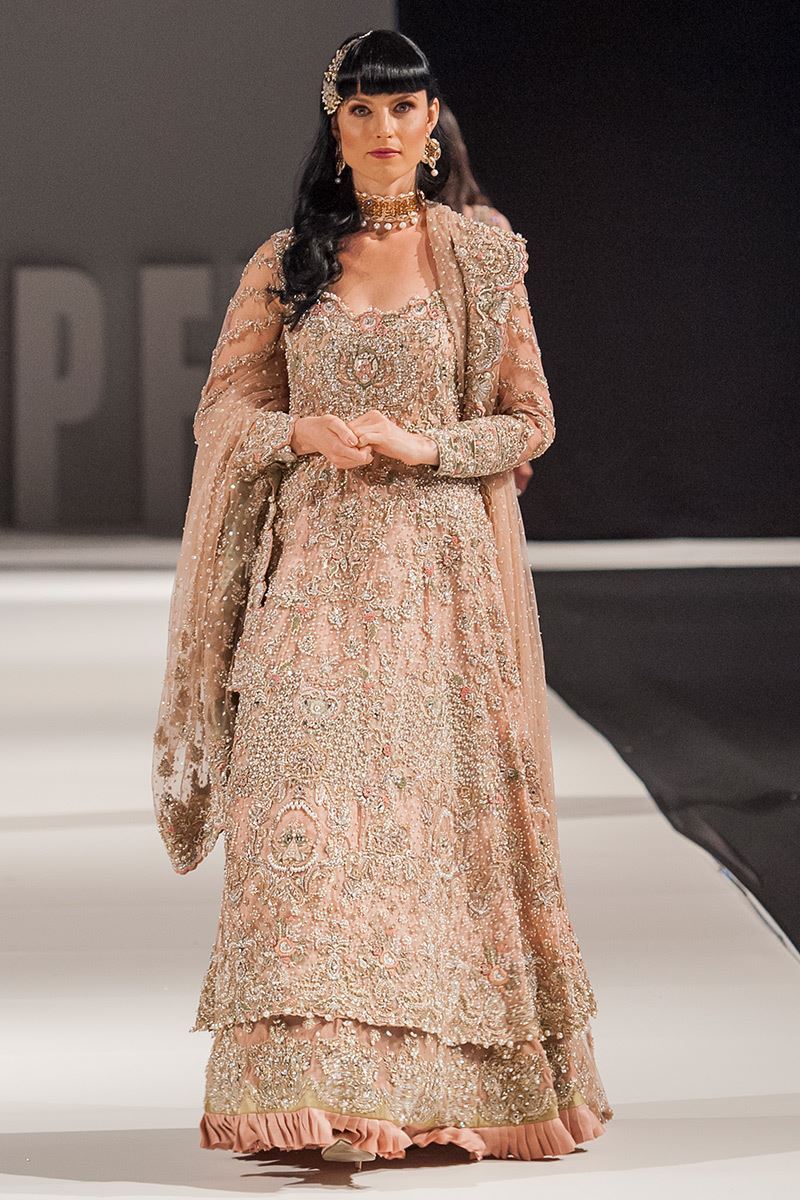 Pakistani Peach 3D Embroidered Net Bridal Gown (2-Piece) - Image 1