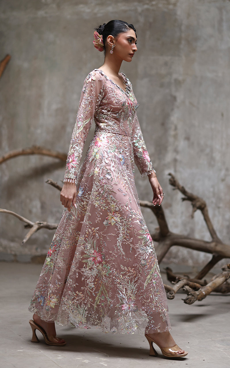 Pakistani Blush Pink Embroidered Net Gown (1-Pc) - Image 2