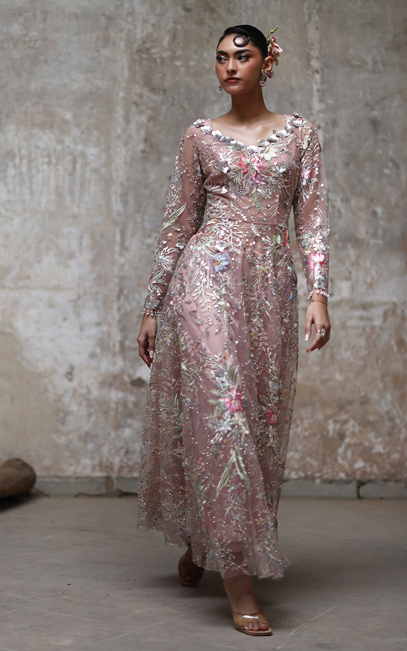 Pakistani Blush Pink Embroidered Net Gown (1-Pc) - Image 3