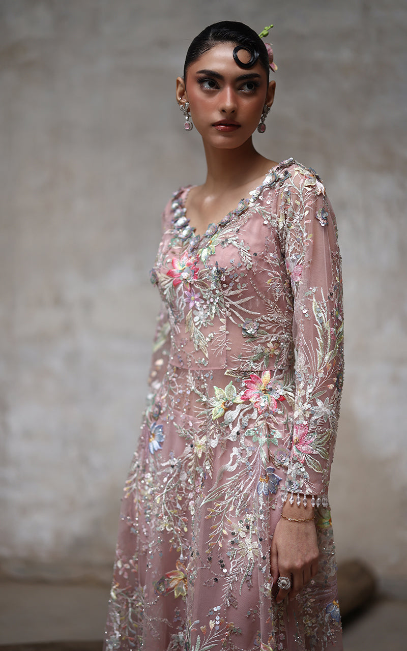 Pakistani Blush Pink Embroidered Net Gown (1-Pc) - Image 4