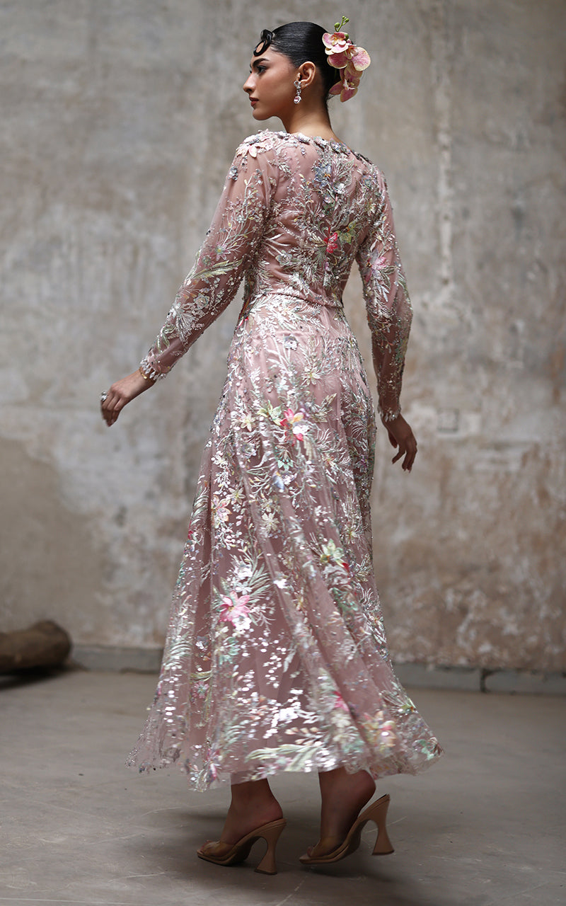 Pakistani Blush Pink Embroidered Net Gown (1-Pc) - Image 5