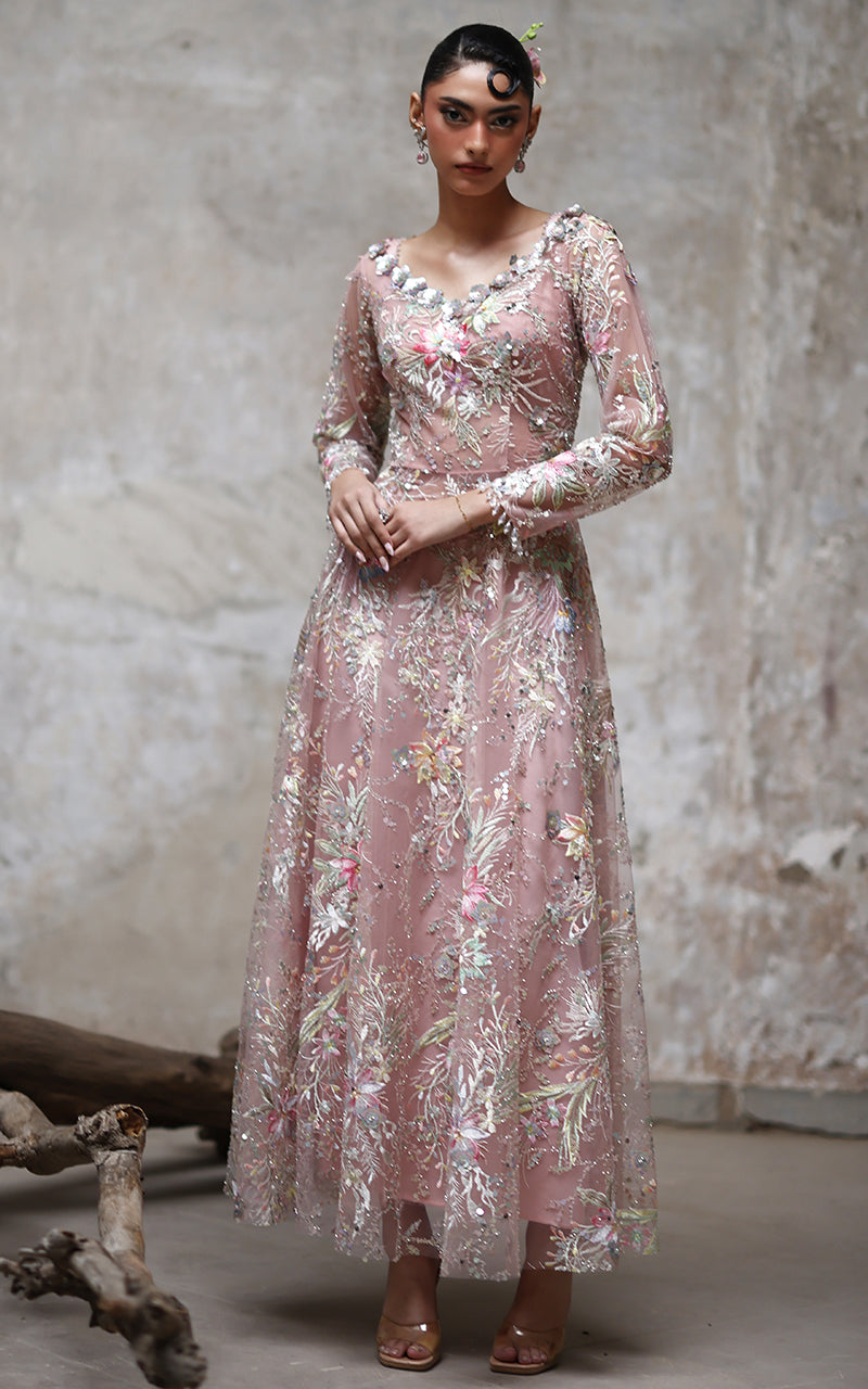 Pakistani Blush Pink Embroidered Net Gown (1-Pc) - Image 6