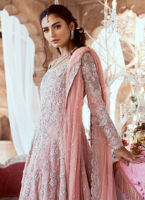 Pakistani Blush Pink 3D Floral Net Bridal Gown (2-Piece) - Image 3