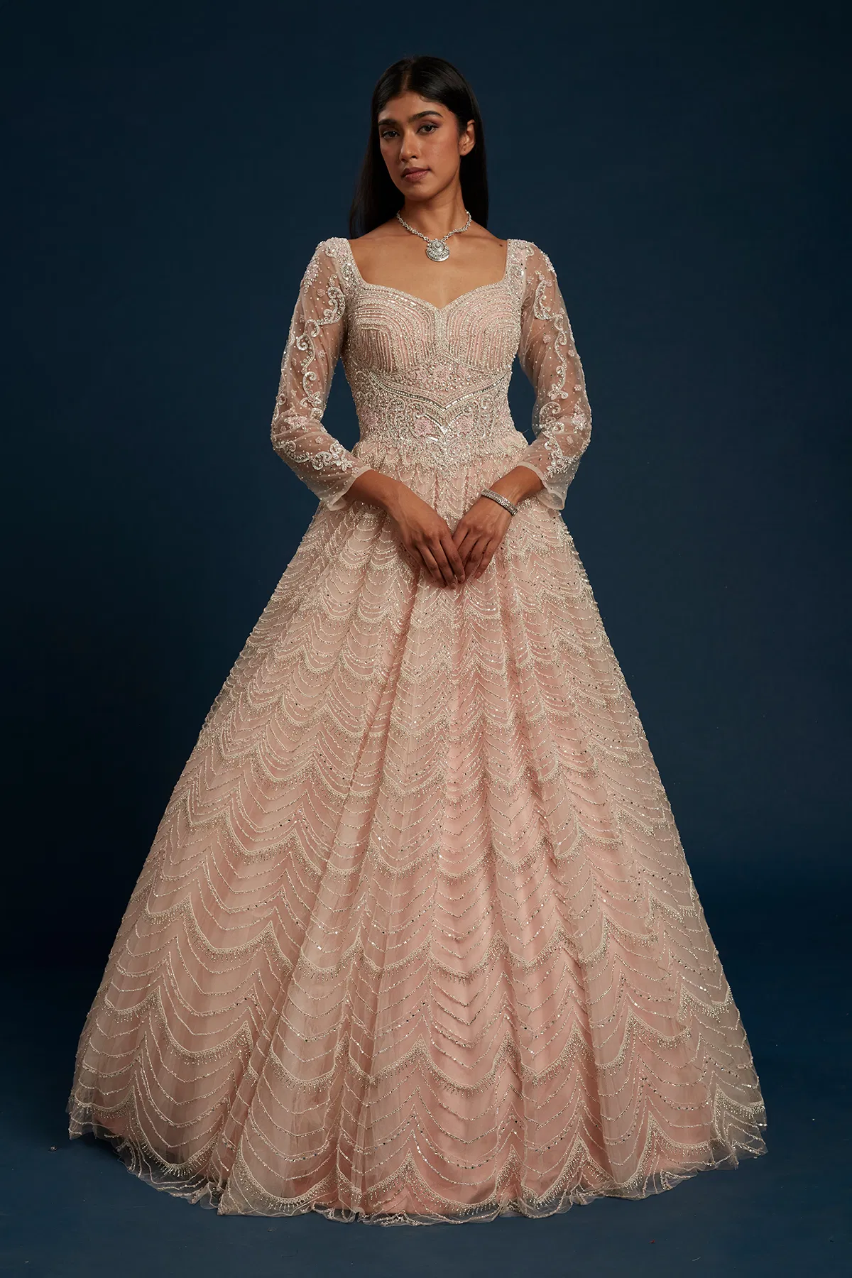 Indian Pearl Pink Embellished Net Flared Gown (1-Pc) - Image 1