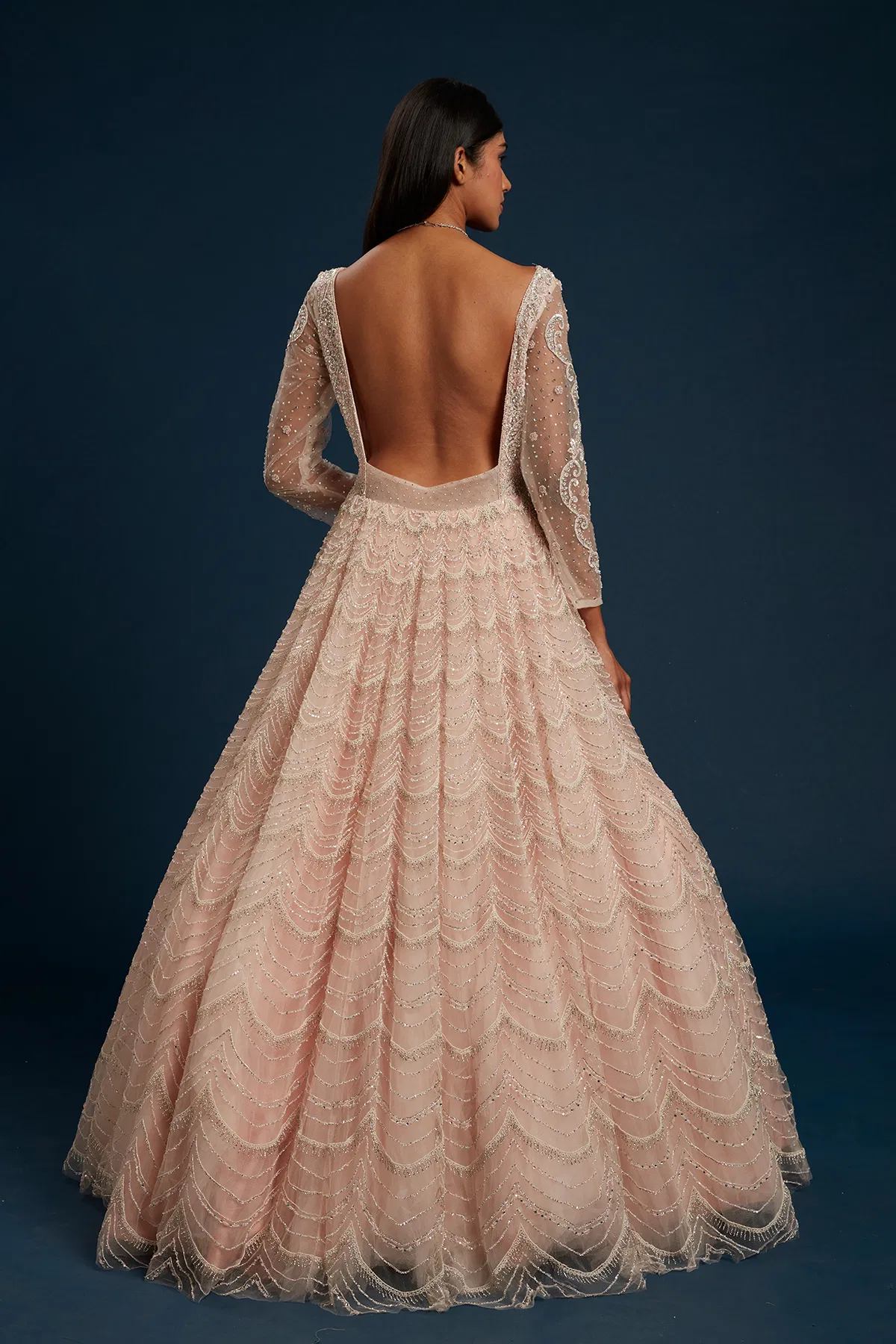 Indian Pearl Pink Embellished Net Flared Gown (1-Pc) - Image 5