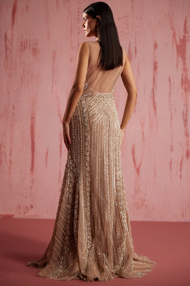 Peach Embroidered Net Gown (1-Pc) - Image 2