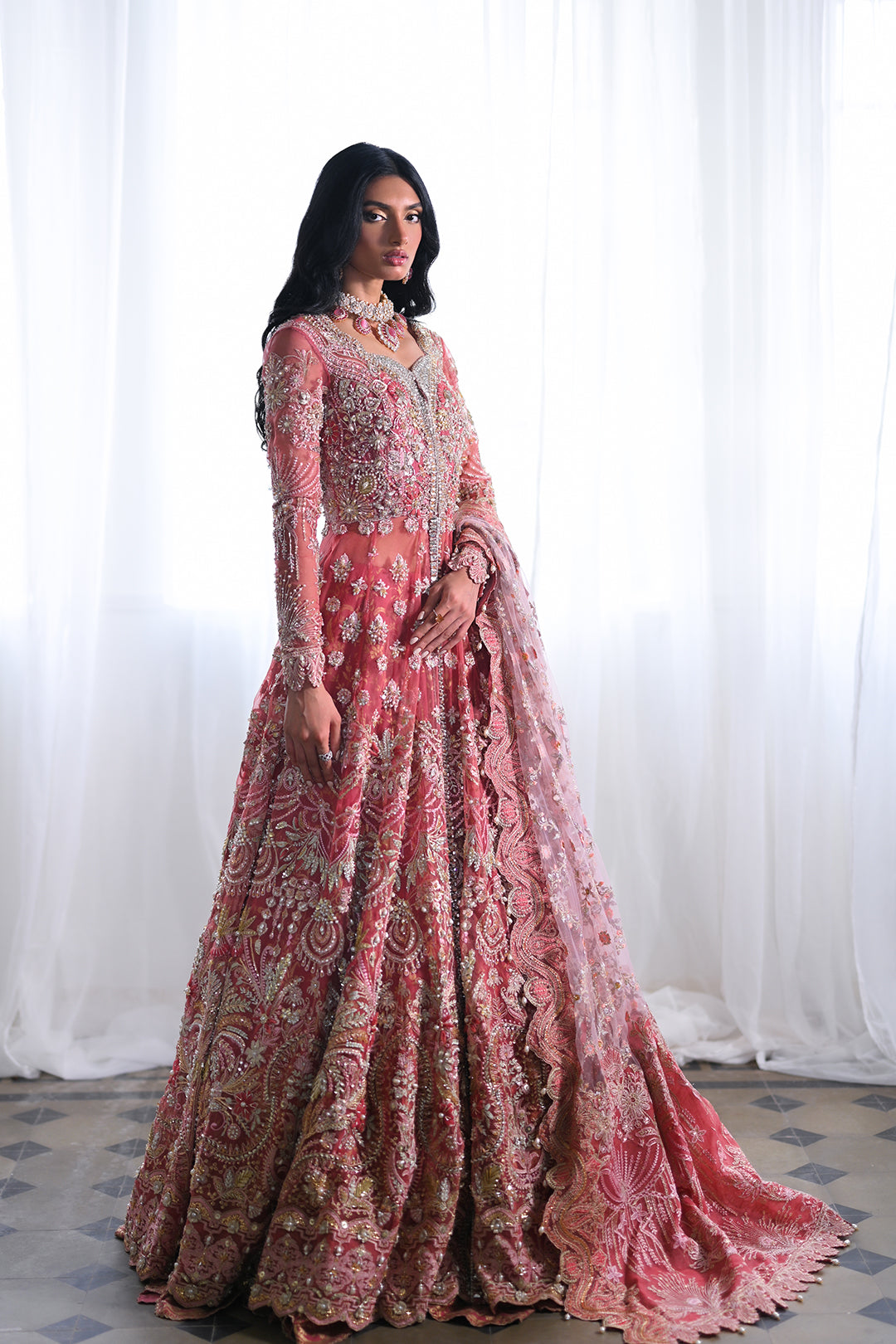 Pakistani Pink Embellished Net Bridal Gown (2-Piece) - Image 1