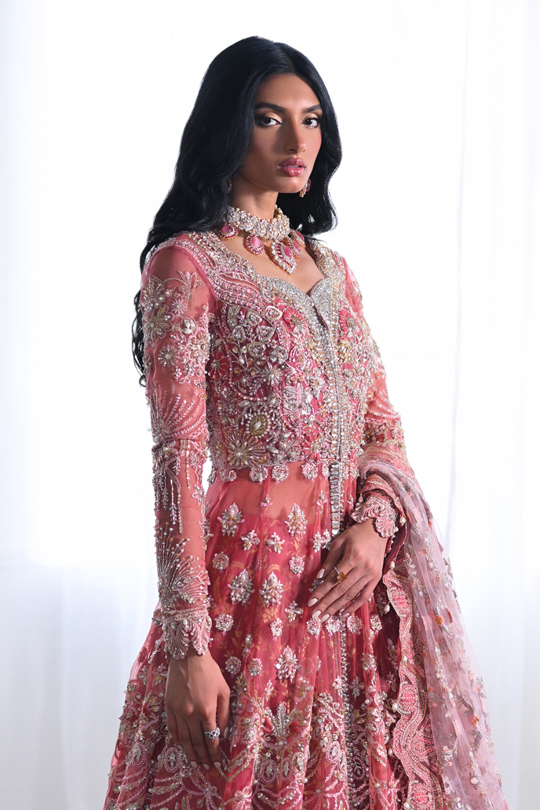 Pakistani Pink Embellished Net Bridal Gown (2-Piece) - Image 2