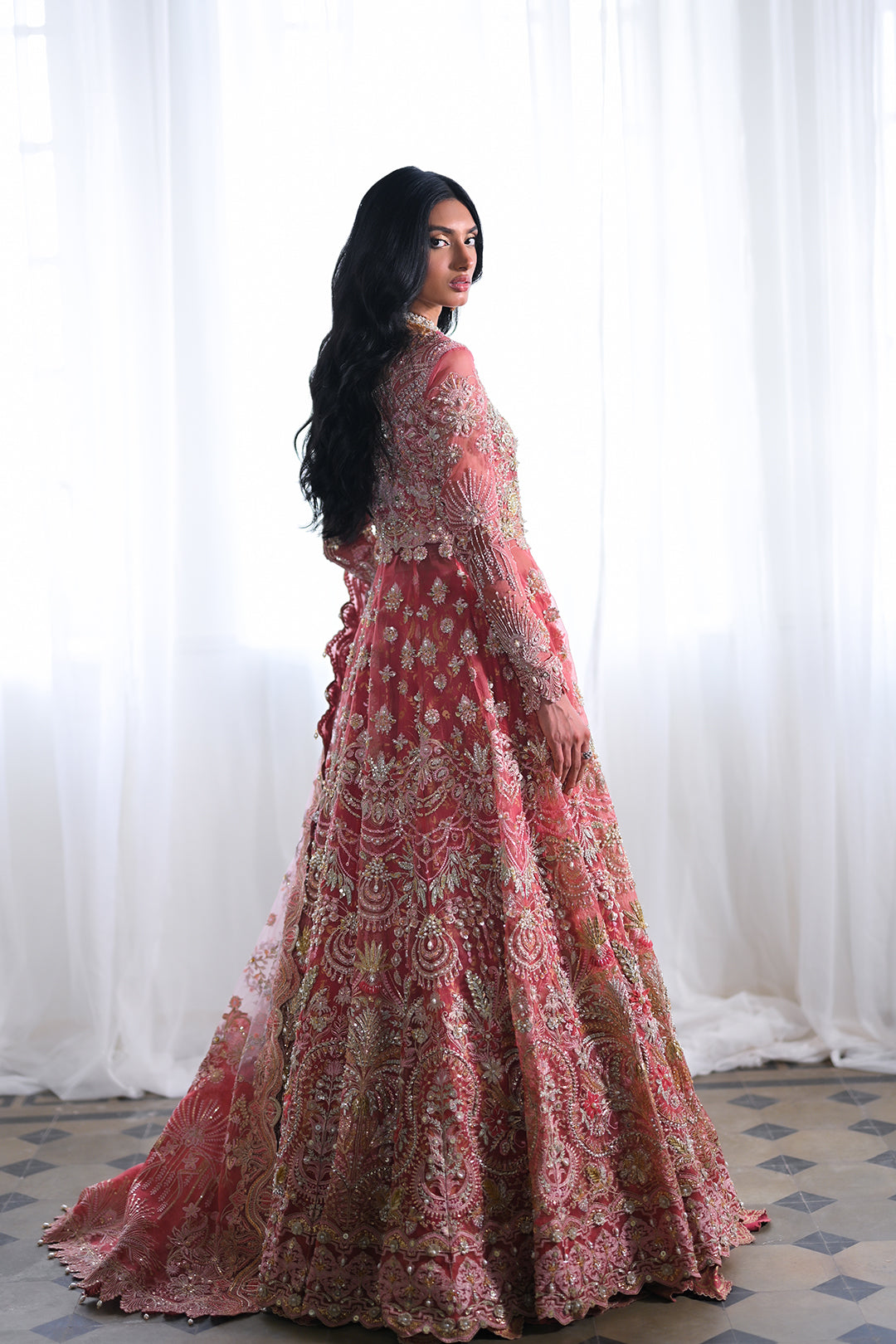 Pakistani Pink Embellished Net Bridal Gown (2-Piece) - Image 4