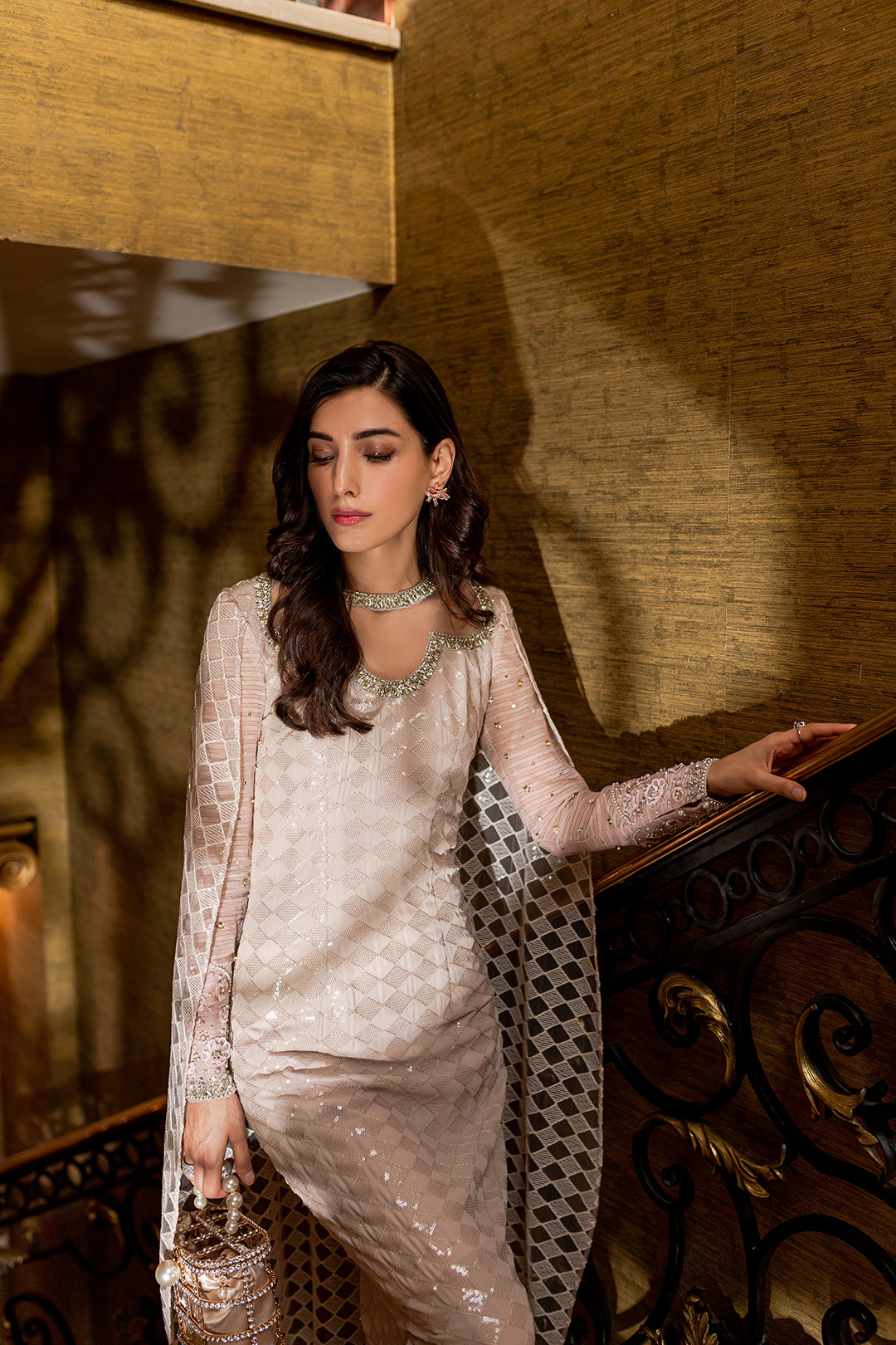 Pakistani Blush Pink Embellished Net Gown (1-Pc) - Image 2