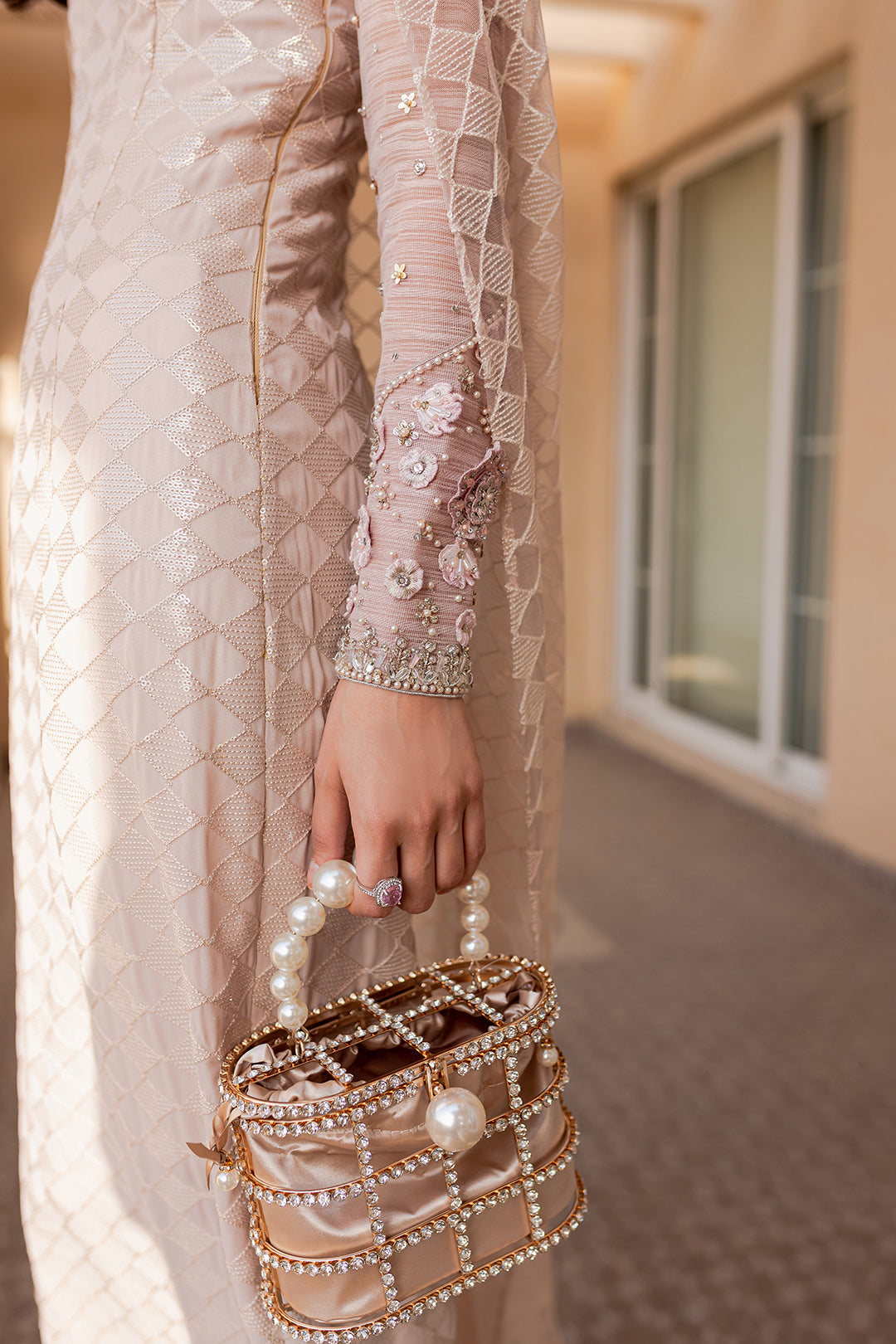 Pakistani Blush Pink Embellished Net Gown (1-Pc) - Image 3