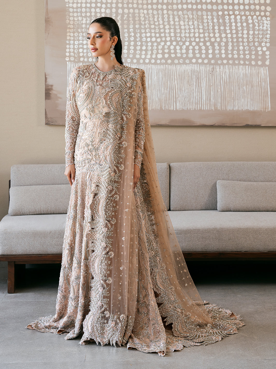 Soft Pink Crystal Embroidered Net Mermaid Gown (2-Piece) - Image 1