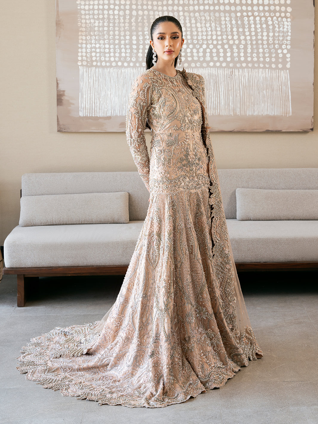 Soft Pink Crystal Embroidered Net Mermaid Gown (2-Piece) - Image 10