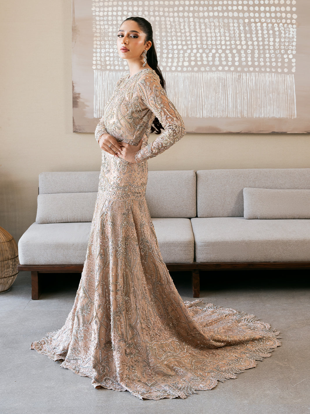 Soft Pink Crystal Embroidered Net Mermaid Gown (2-Piece) - Image 11