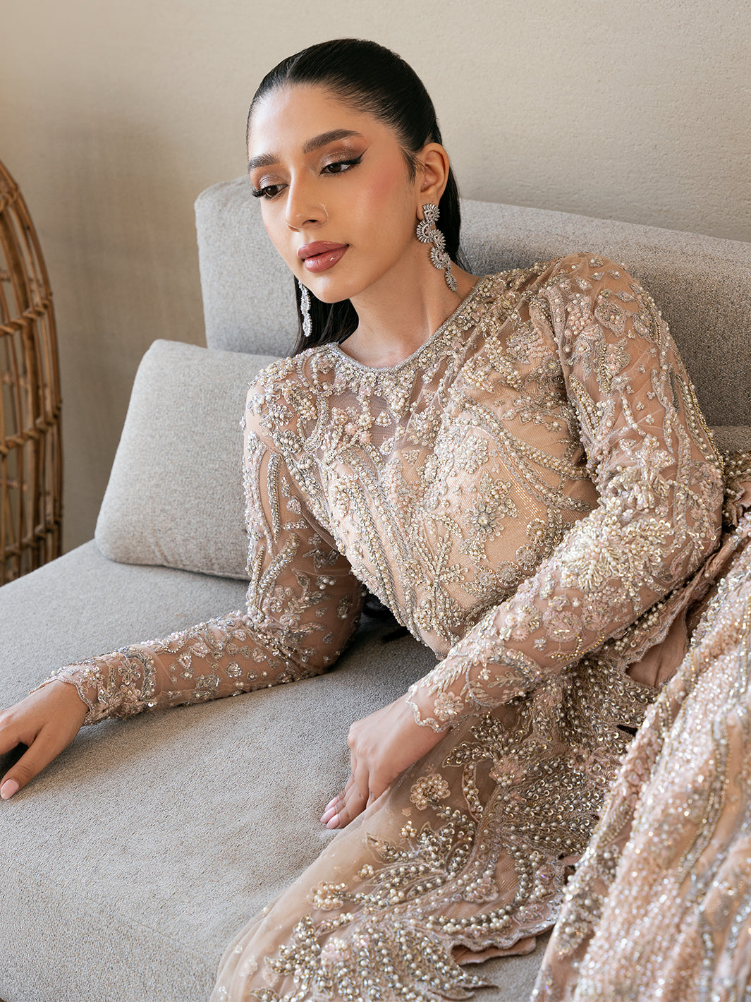 Soft Pink Crystal Embroidered Net Mermaid Gown (2-Piece) - Image 2