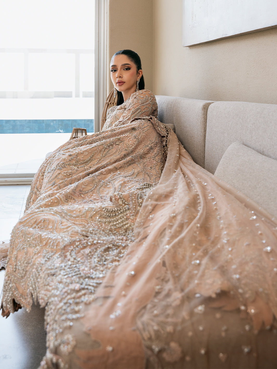 Soft Pink Crystal Embroidered Net Mermaid Gown (2-Piece) - Image 4