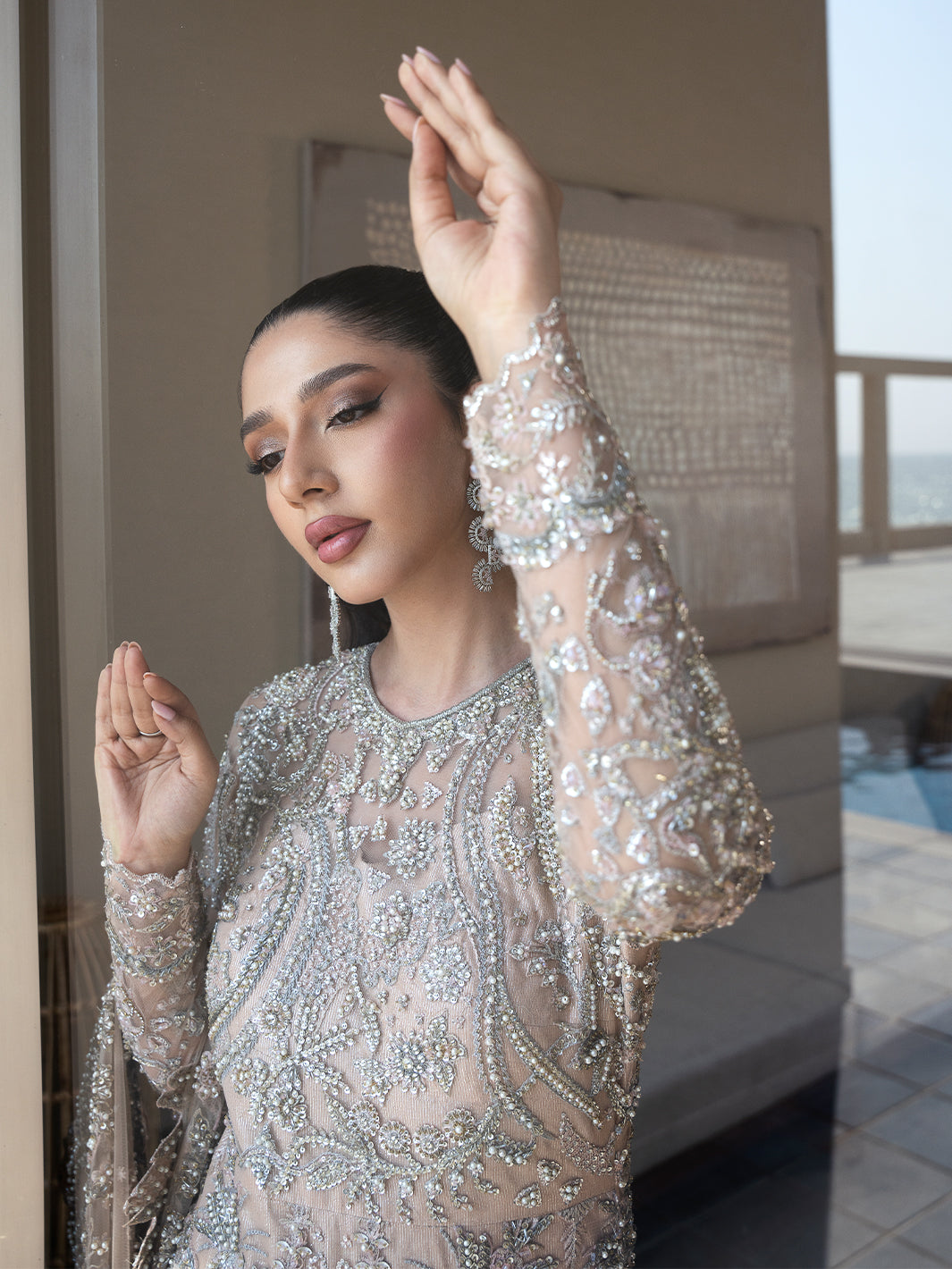 Soft Pink Crystal Embroidered Net Mermaid Gown (2-Piece) - Image 5