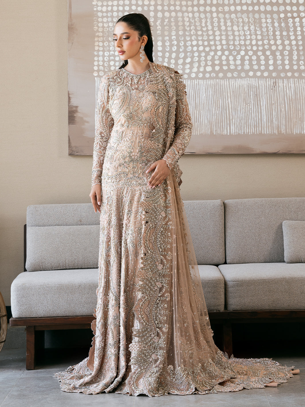 Soft Pink Crystal Embroidered Net Mermaid Gown (2-Piece) - Image 6