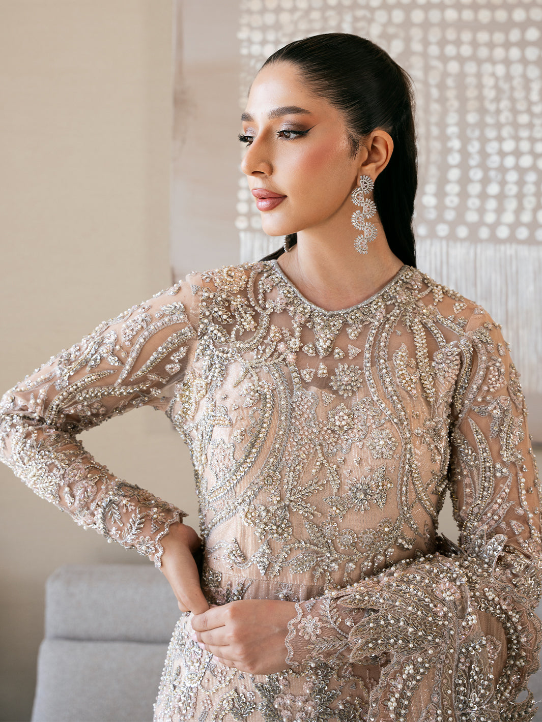 Soft Pink Crystal Embroidered Net Mermaid Gown (2-Piece) - Image 7