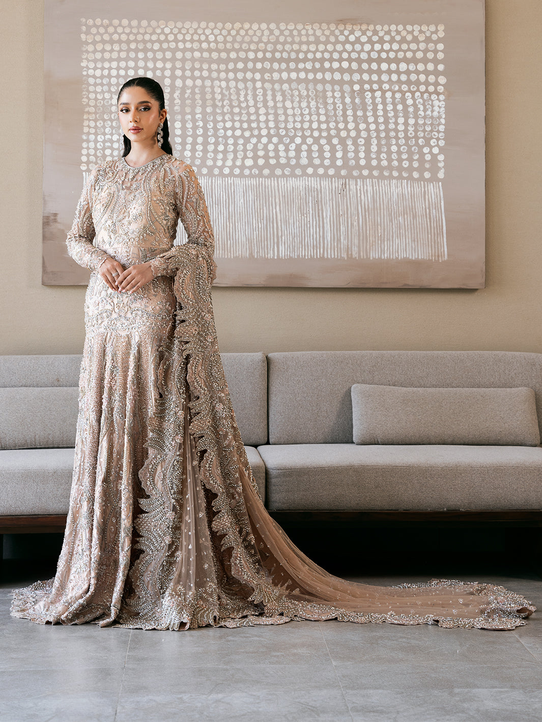 Soft Pink Crystal Embroidered Net Mermaid Gown (2-Piece) - Image 9