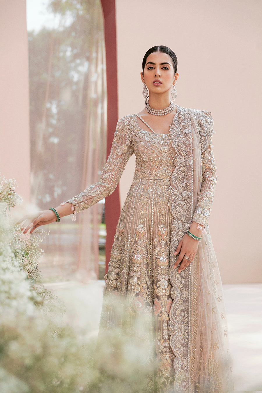 Soft Pink Embellished Net Bridal Gown (2-Piece) - Image 2