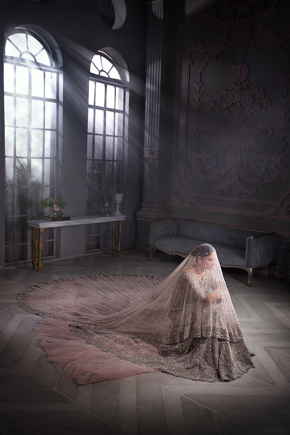 Pakistani Pastel Pink Silver Embellished Net Bridal Gown (2-Piece) - Image 3