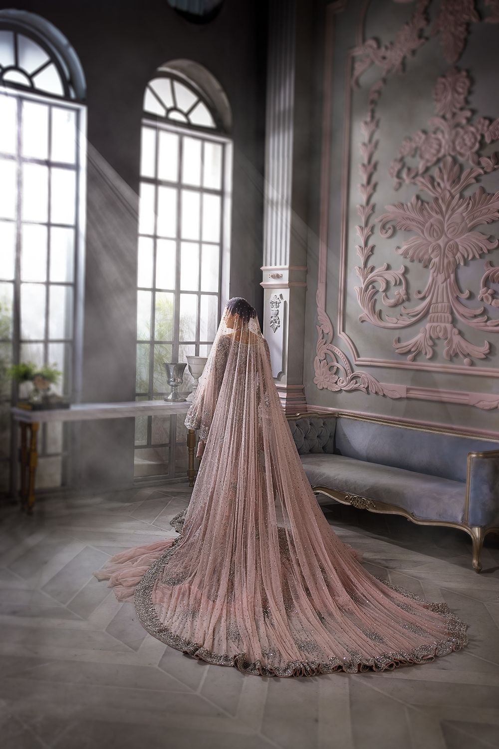 Pakistani Pastel Pink Silver Embellished Net Bridal Gown (2-Piece) - Image 4