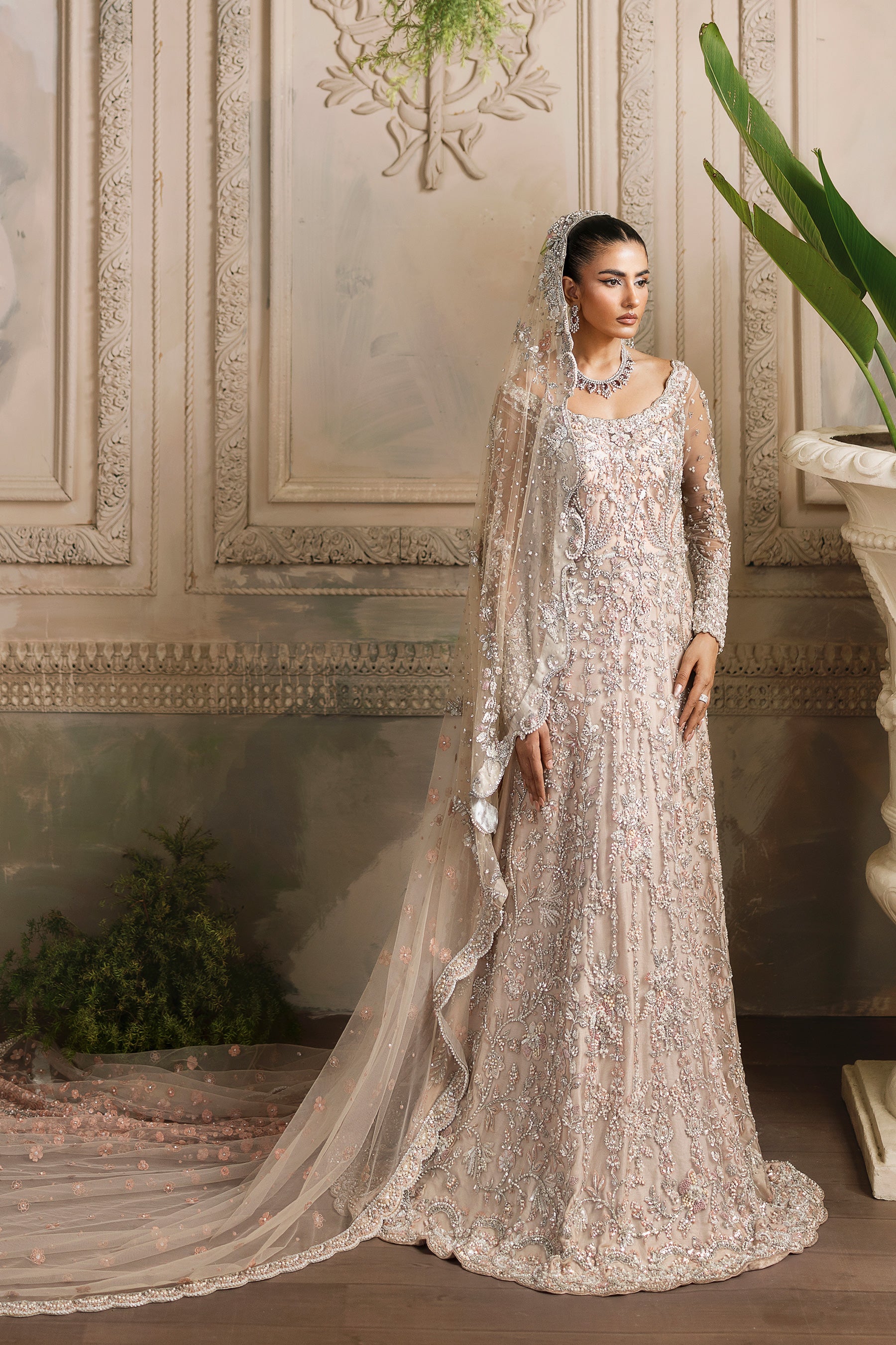 Indian Peach Hand-Embellished Net Bridal Gown (2-Piece) - Image 1
