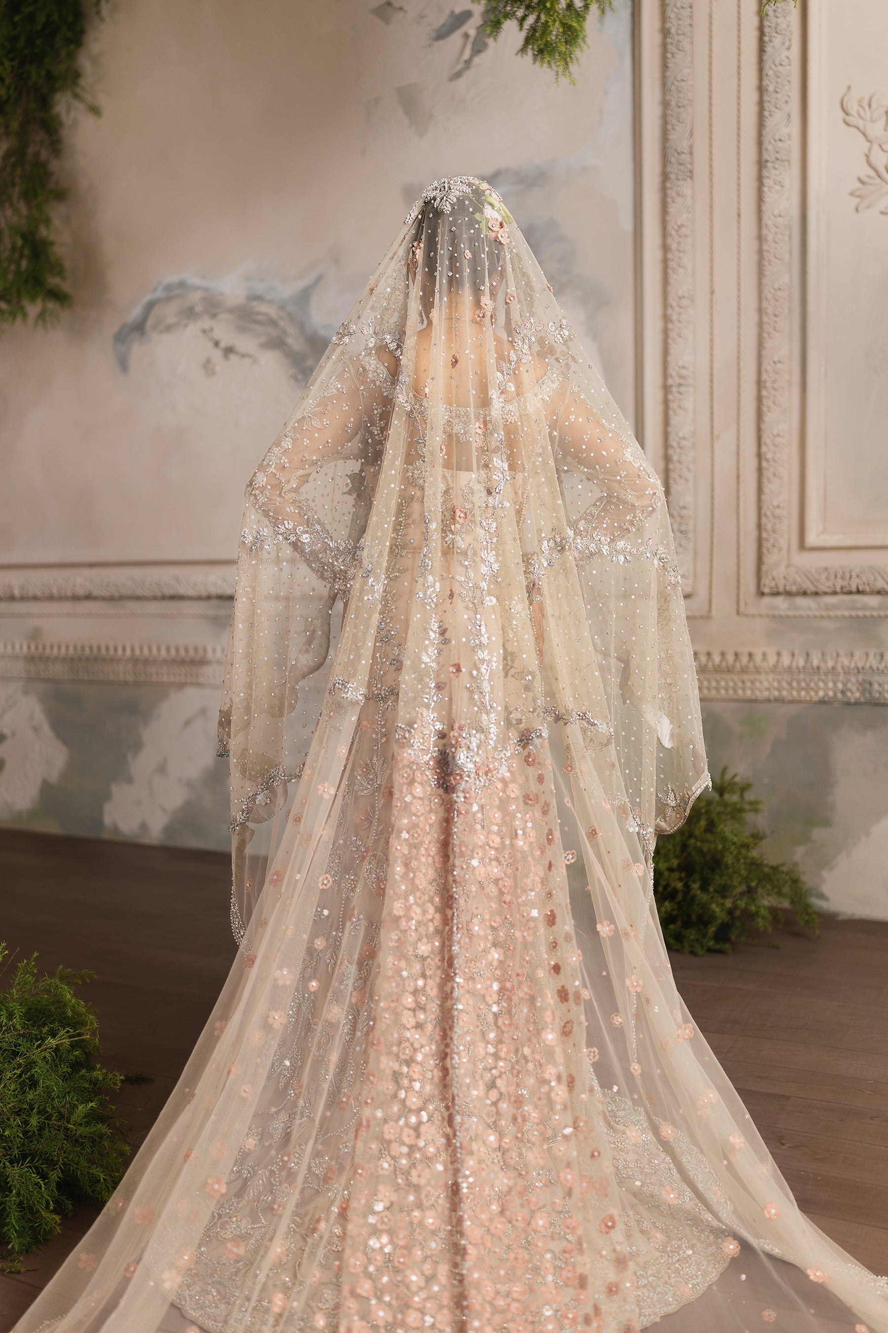 Indian Peach Hand-Embellished Net Bridal Gown (2-Piece) - Image 2