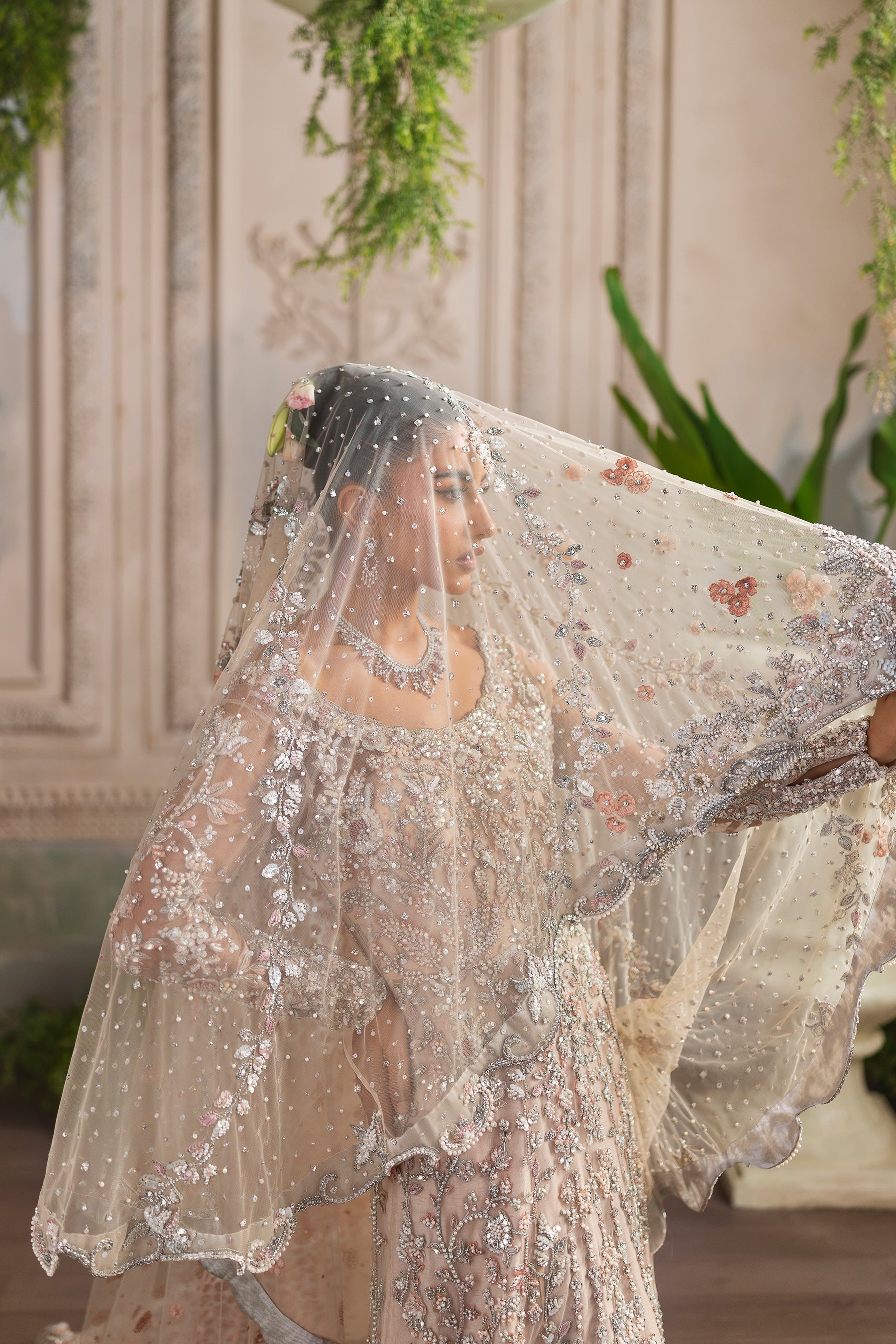 Indian Peach Hand-Embellished Net Bridal Gown (2-Piece) - Image 3