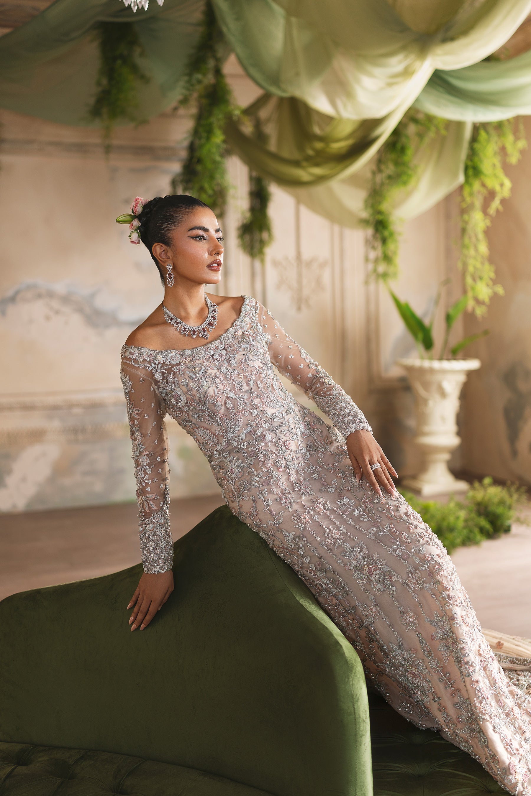 Indian Peach Hand-Embellished Net Bridal Gown (2-Piece) - Image 4