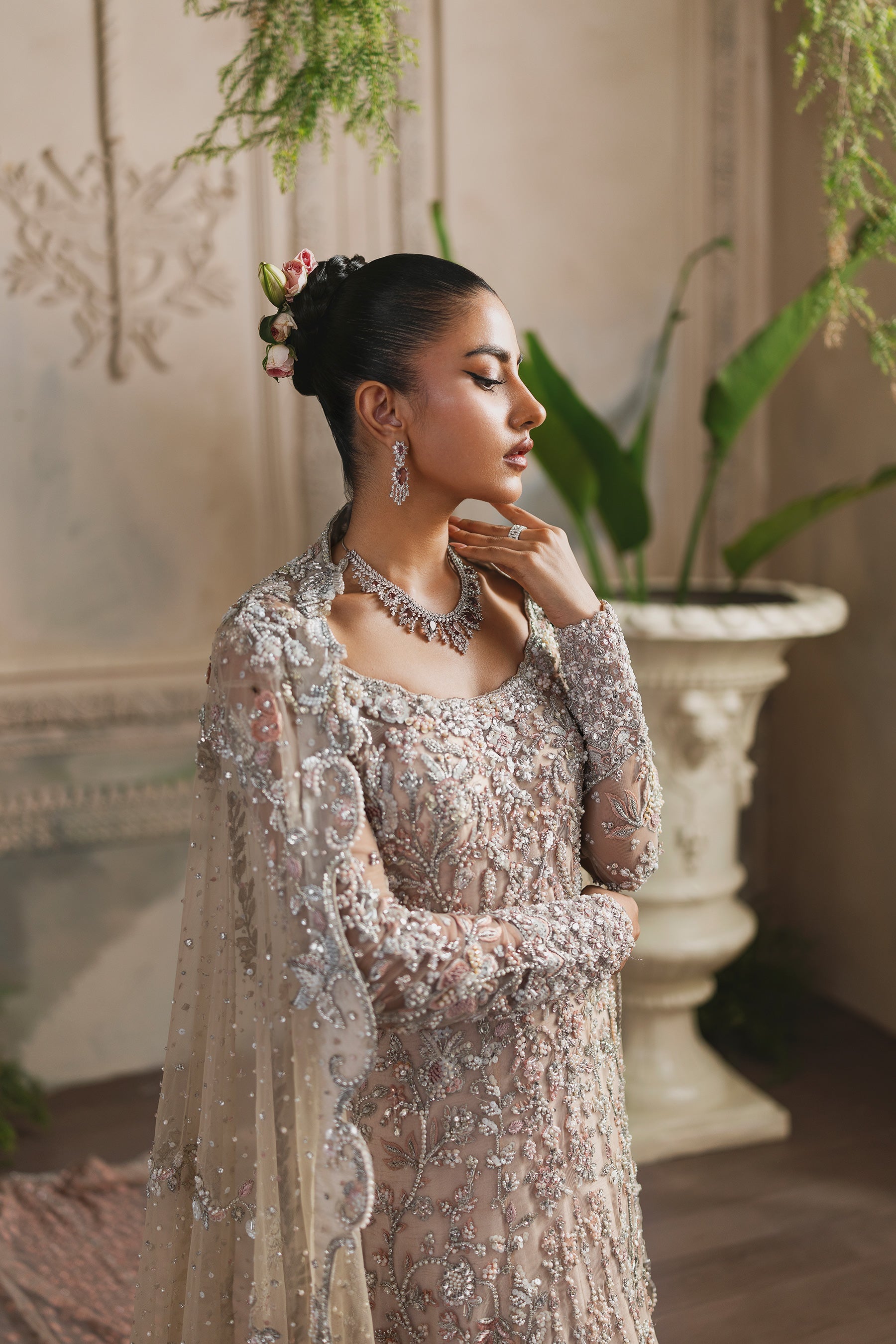 Indian Peach Hand-Embellished Net Bridal Gown (2-Piece) - Image 5