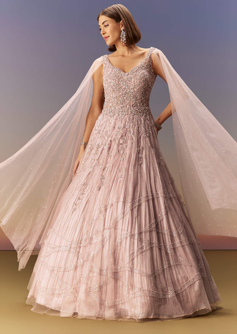Indian Pastel Pink Cut Dana Net Gown (1-Pc) - Image 1