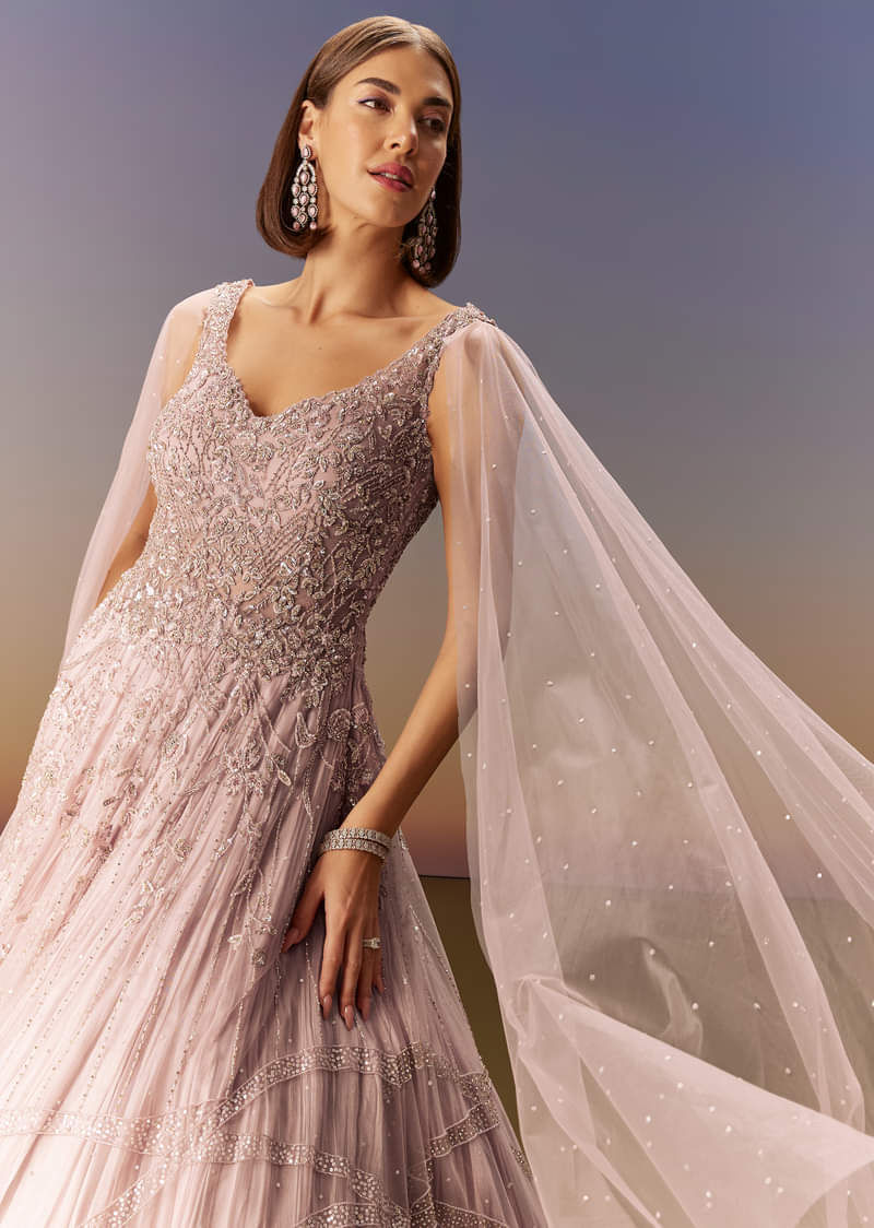 Indian Pastel Pink Cut Dana Net Gown (1-Pc) - Image 5