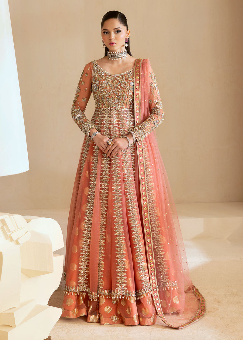 Pakistani Coral Embellished Net Bridal Gown (2-Piece) - Image 1