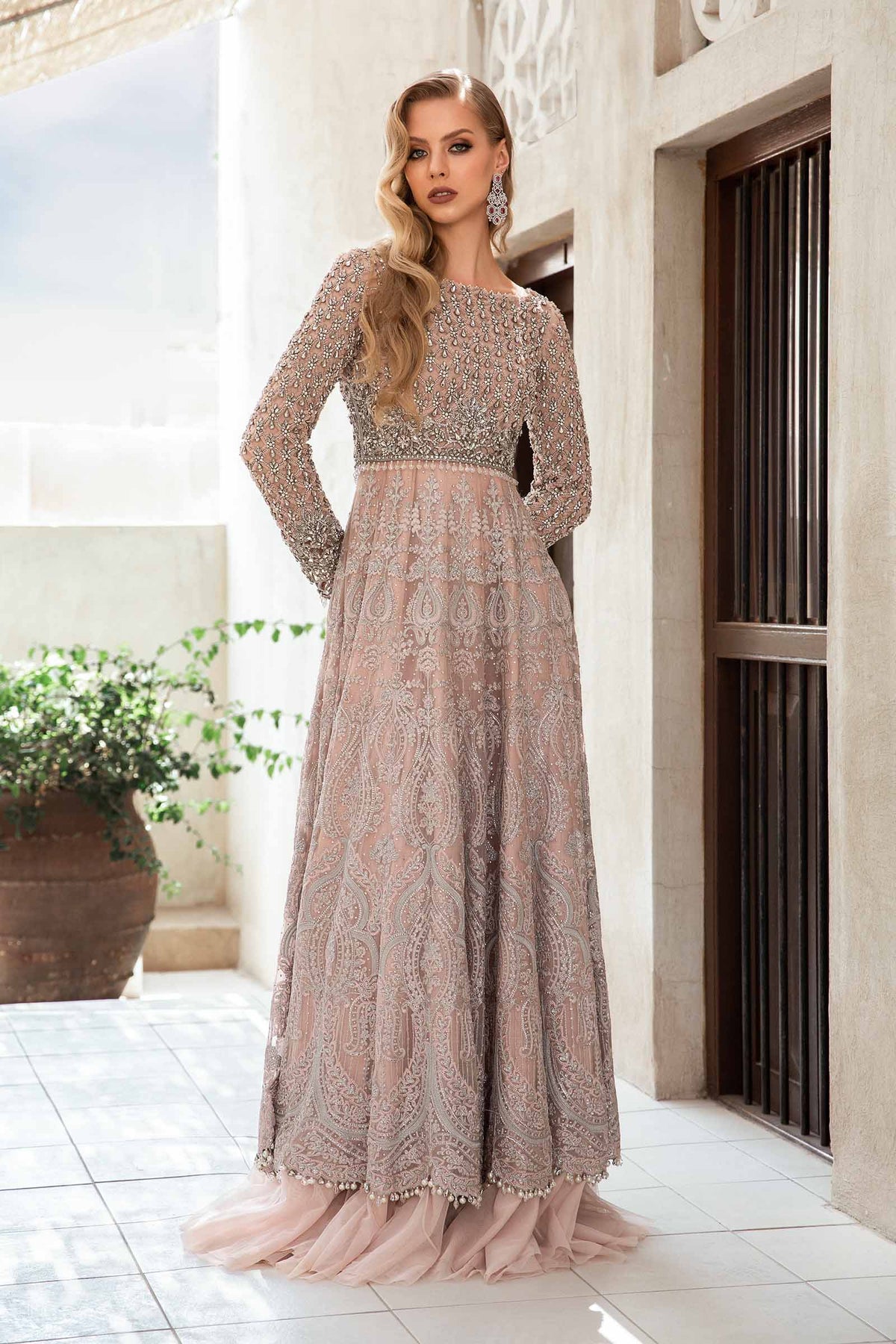 Pakistani Powder Pink Dabka Naqshi Net & Chiffon Gown (2-Piece) - Image 1