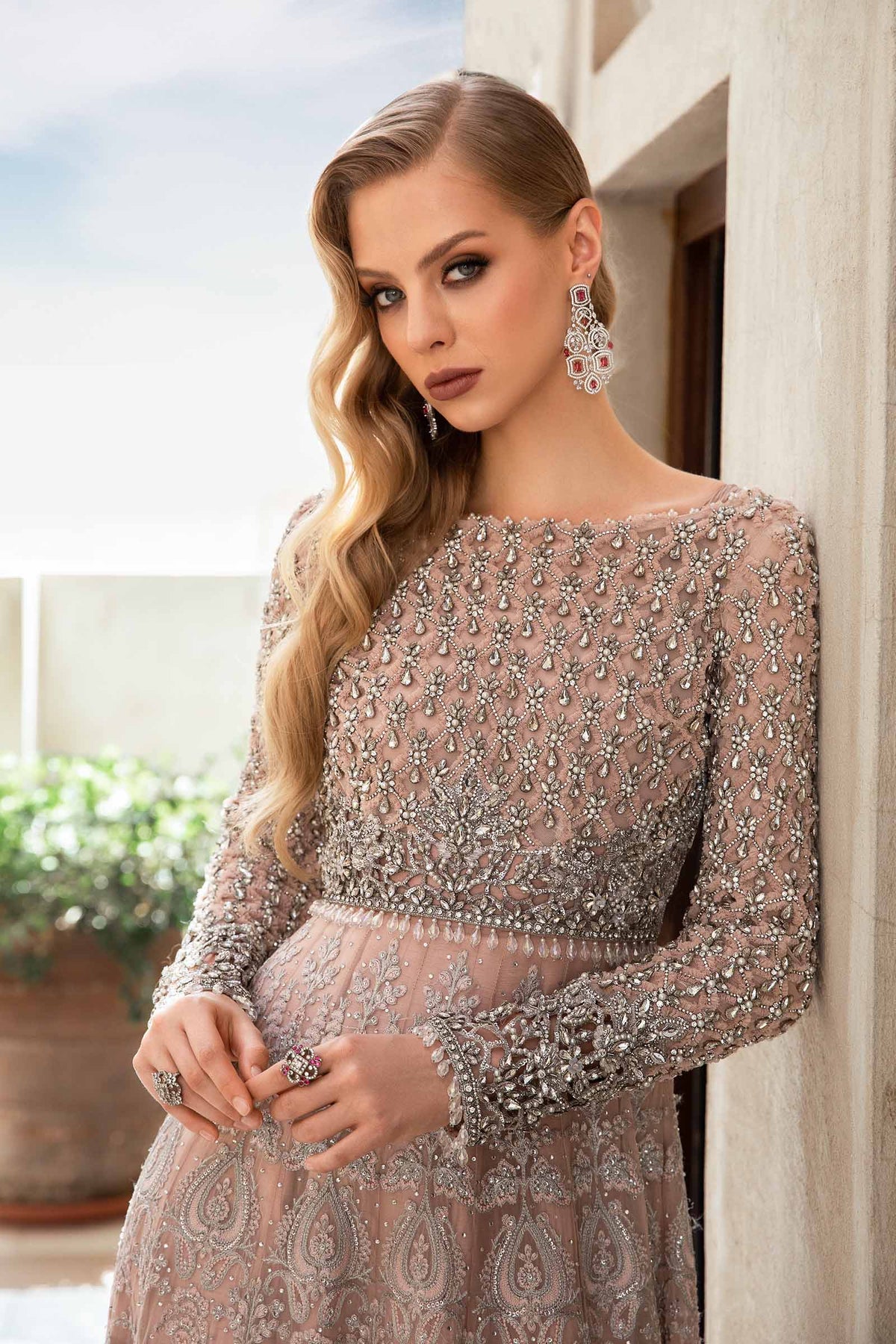 Pakistani Powder Pink Dabka Naqshi Net & Chiffon Gown (2-Piece) - Image 2