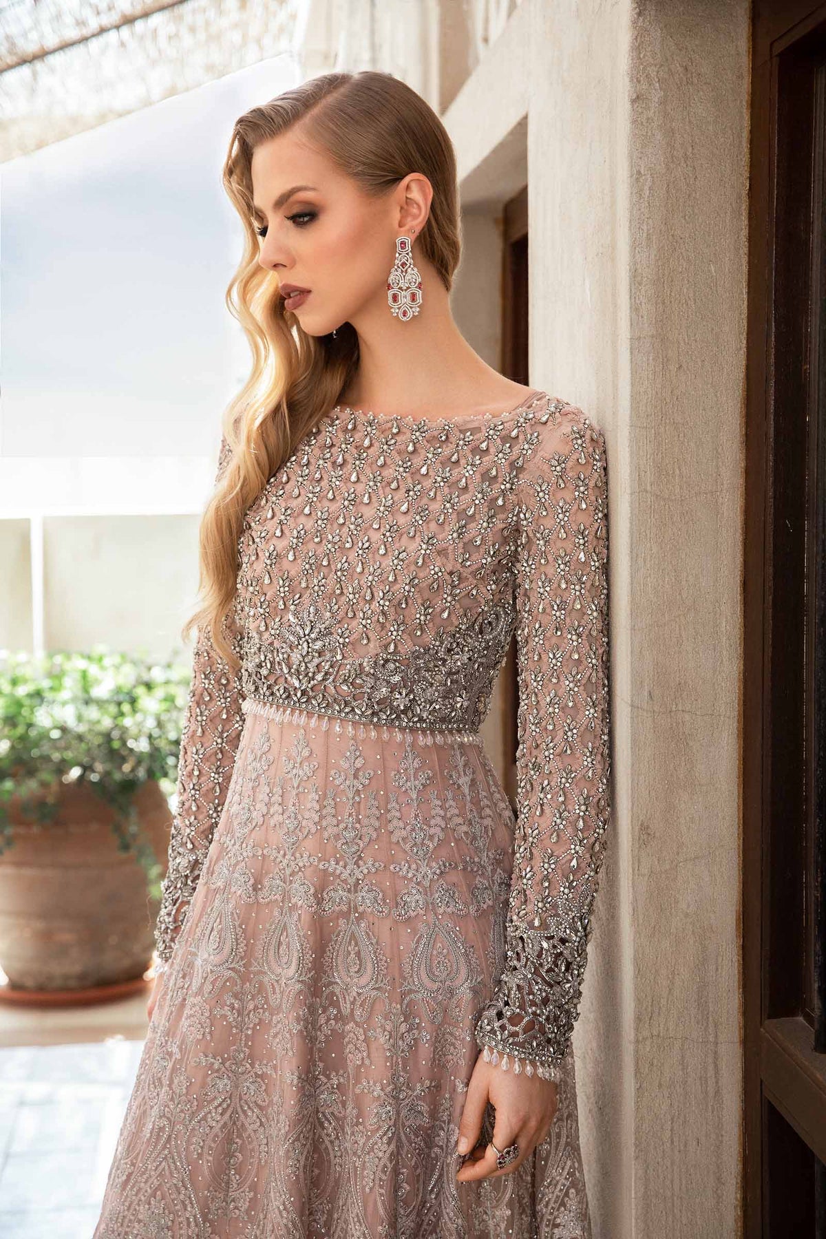 Pakistani Powder Pink Dabka Naqshi Net & Chiffon Gown (2-Piece) - Image 3