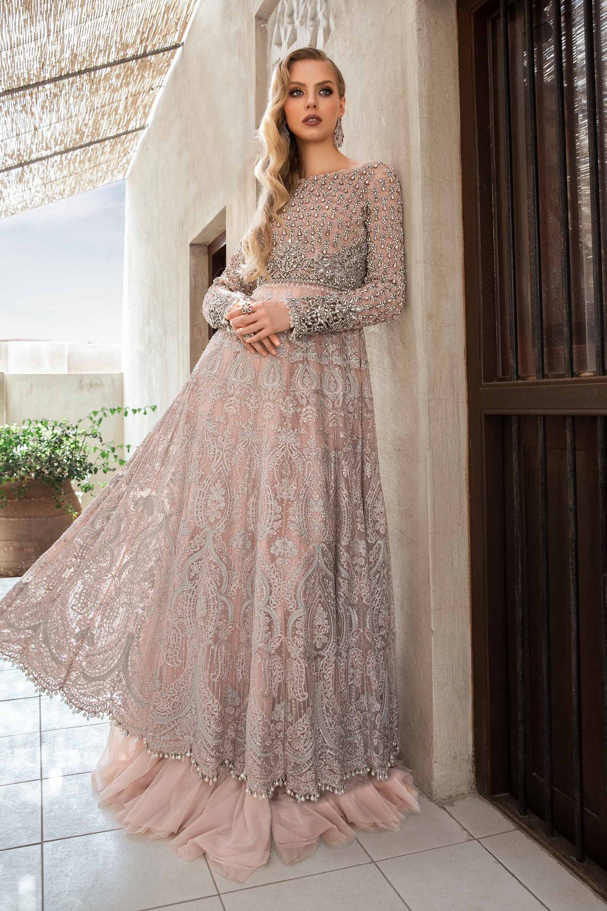 Pakistani Powder Pink Dabka Naqshi Net & Chiffon Gown (2-Piece) - Image 4
