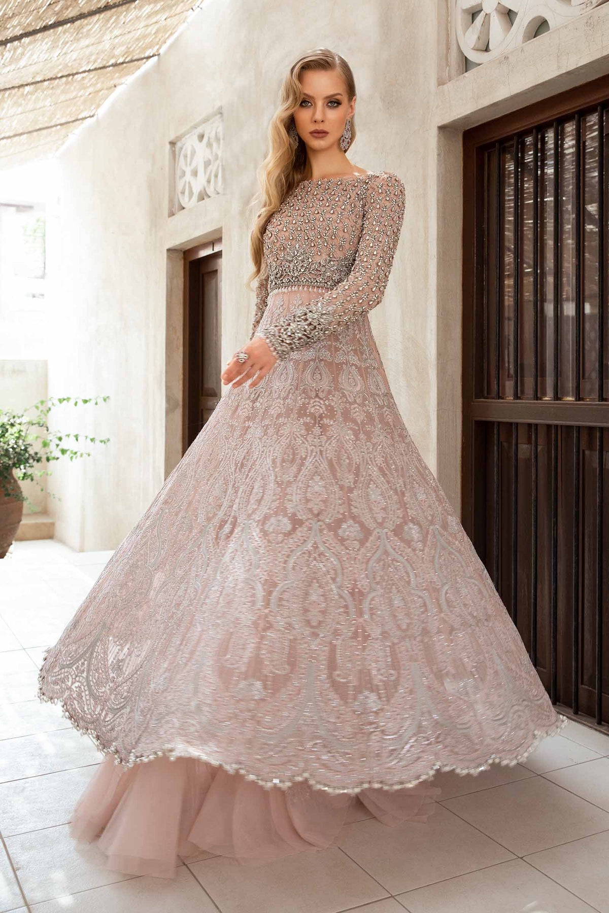 Pakistani Powder Pink Dabka Naqshi Net & Chiffon Gown (2-Piece) - Image 5