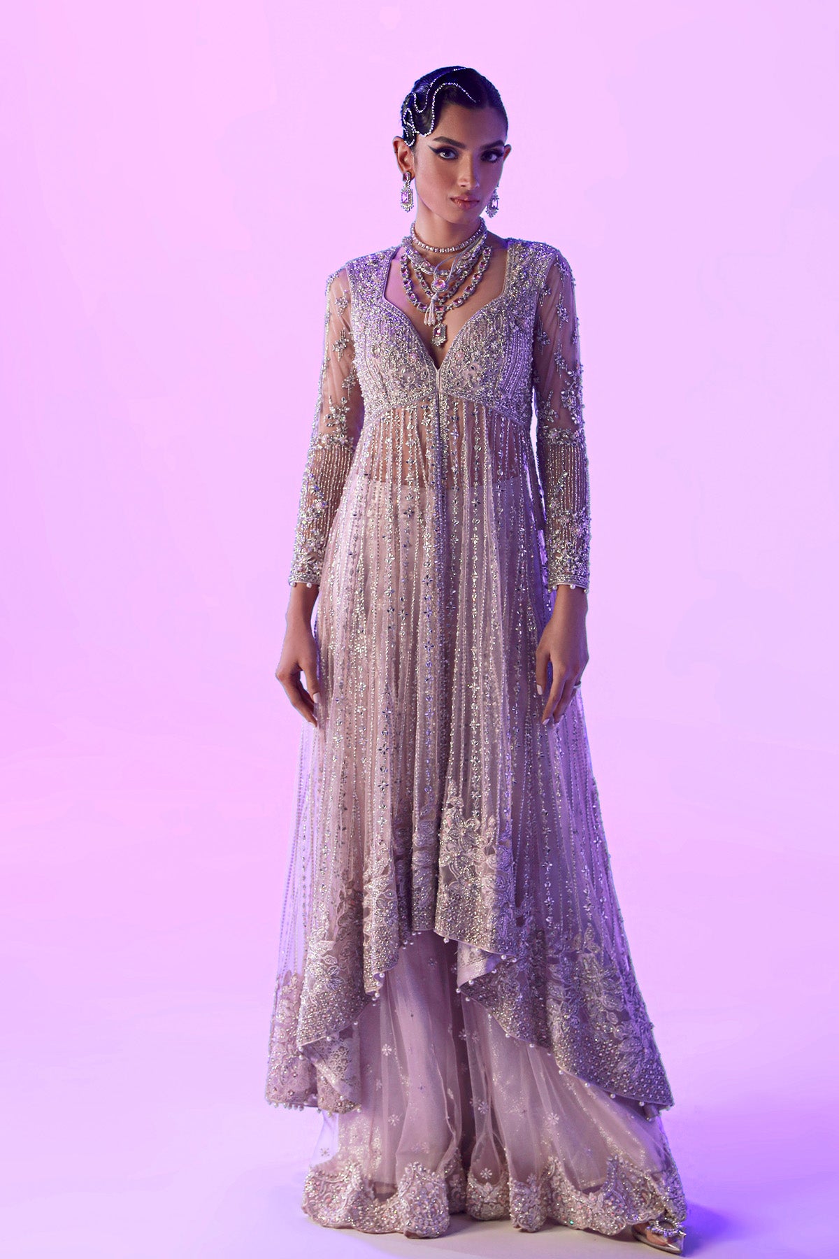 Pakistani Pastel Pink Embellished Net High-Low Gown (3-Piece) - Image 1