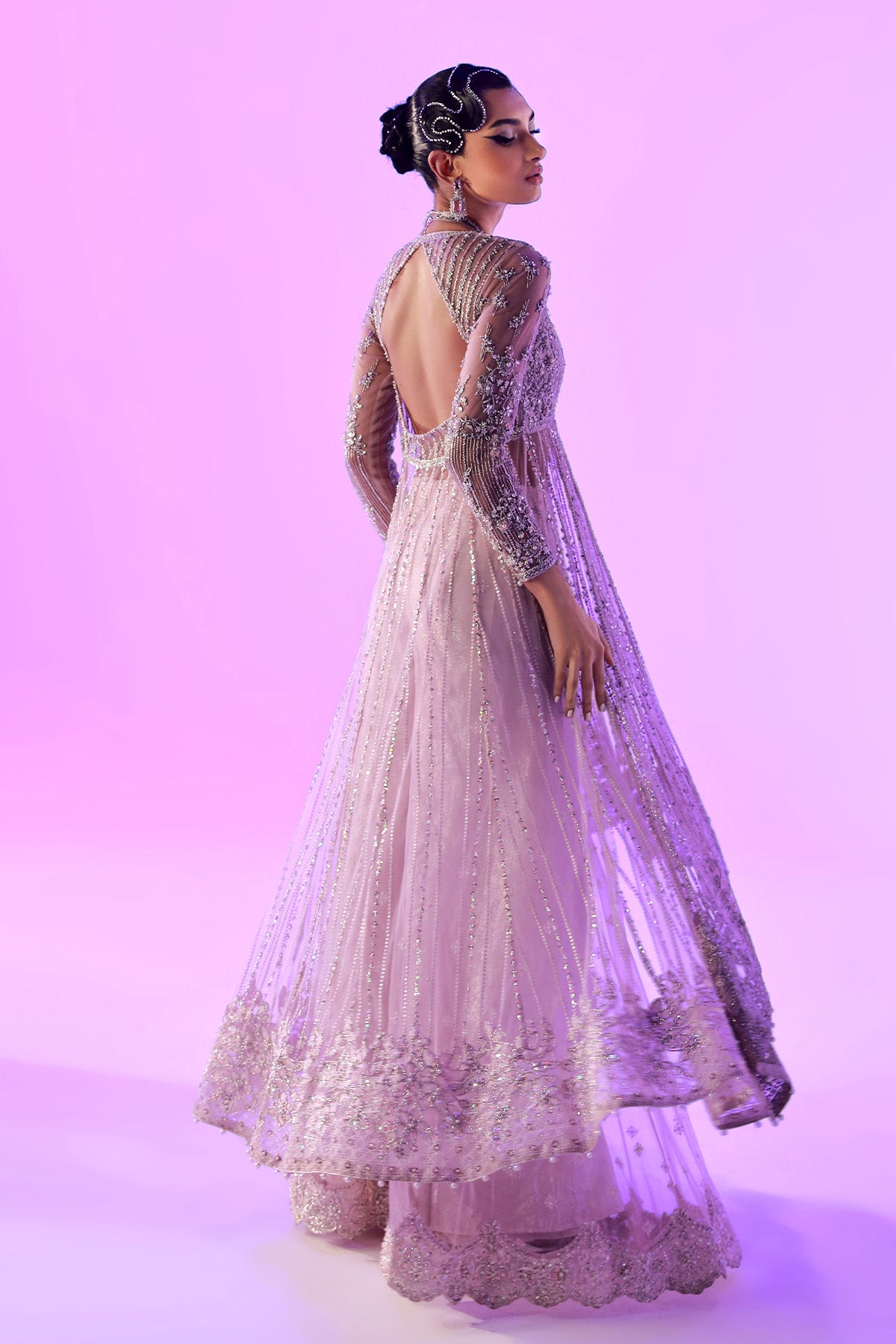 Pakistani Pastel Pink Embellished Net High-Low Gown (3-Piece) - Image 2