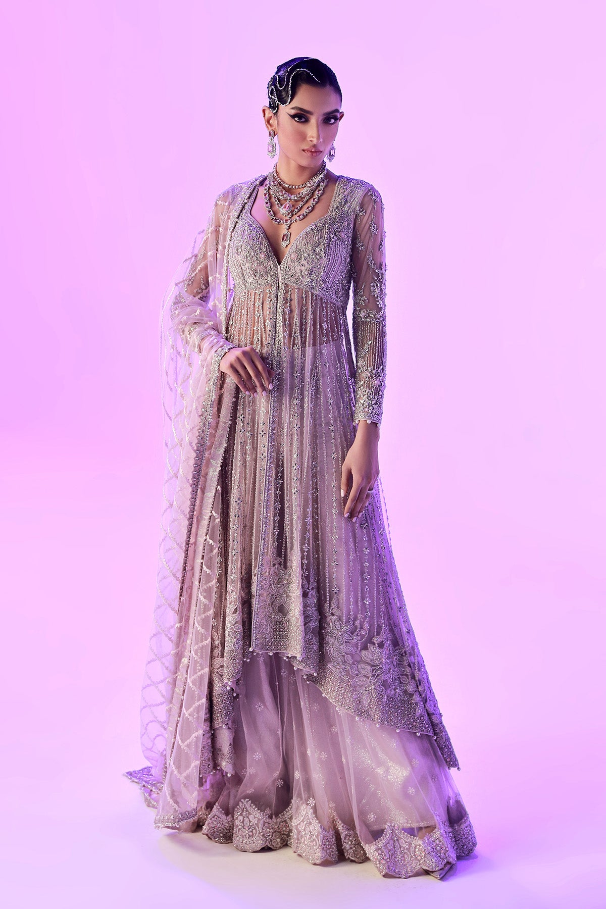 Pakistani Pastel Pink Embellished Net High-Low Gown (3-Piece) - Image 3