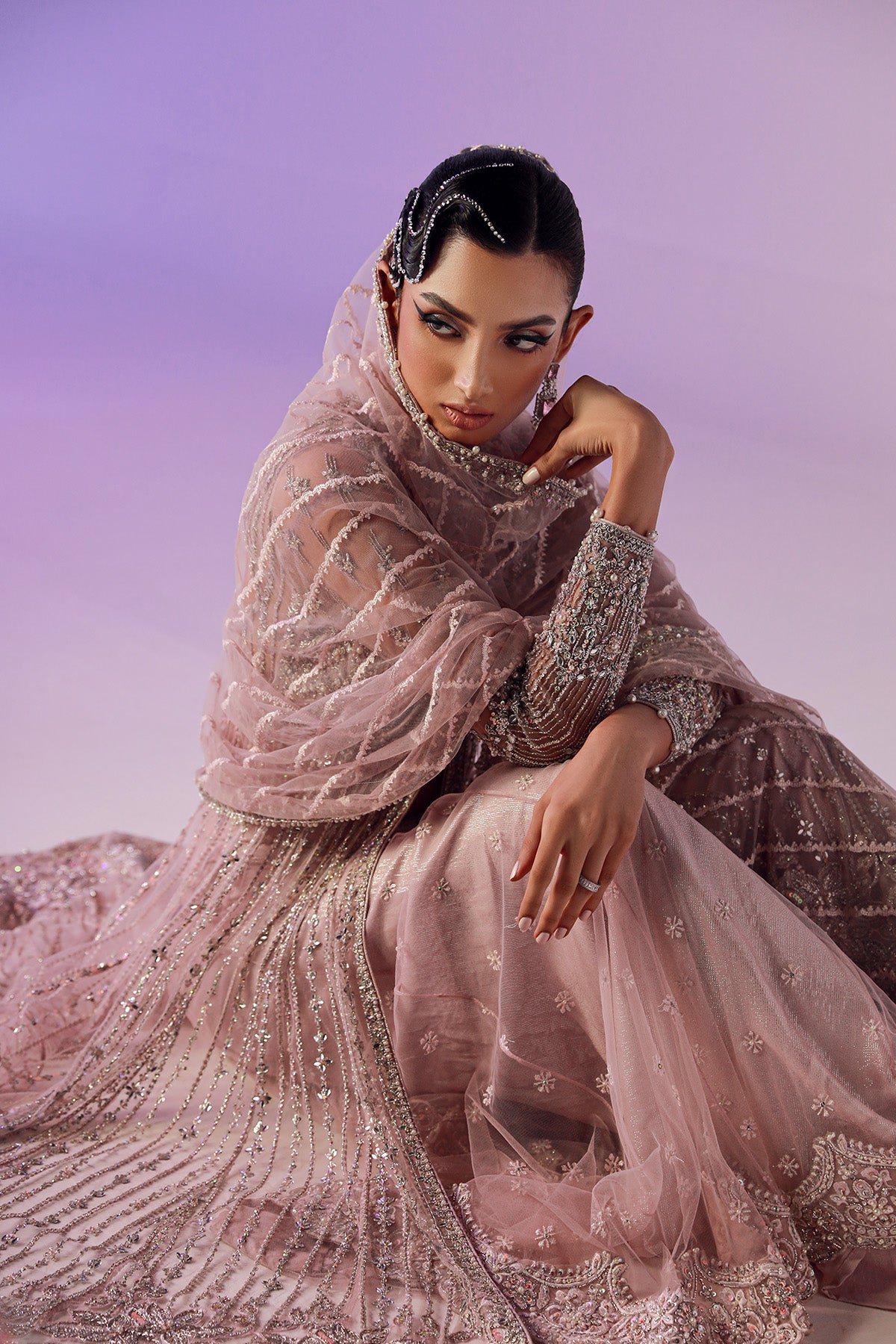 Pakistani Pastel Pink Embellished Net High-Low Gown (3-Piece) - Image 4