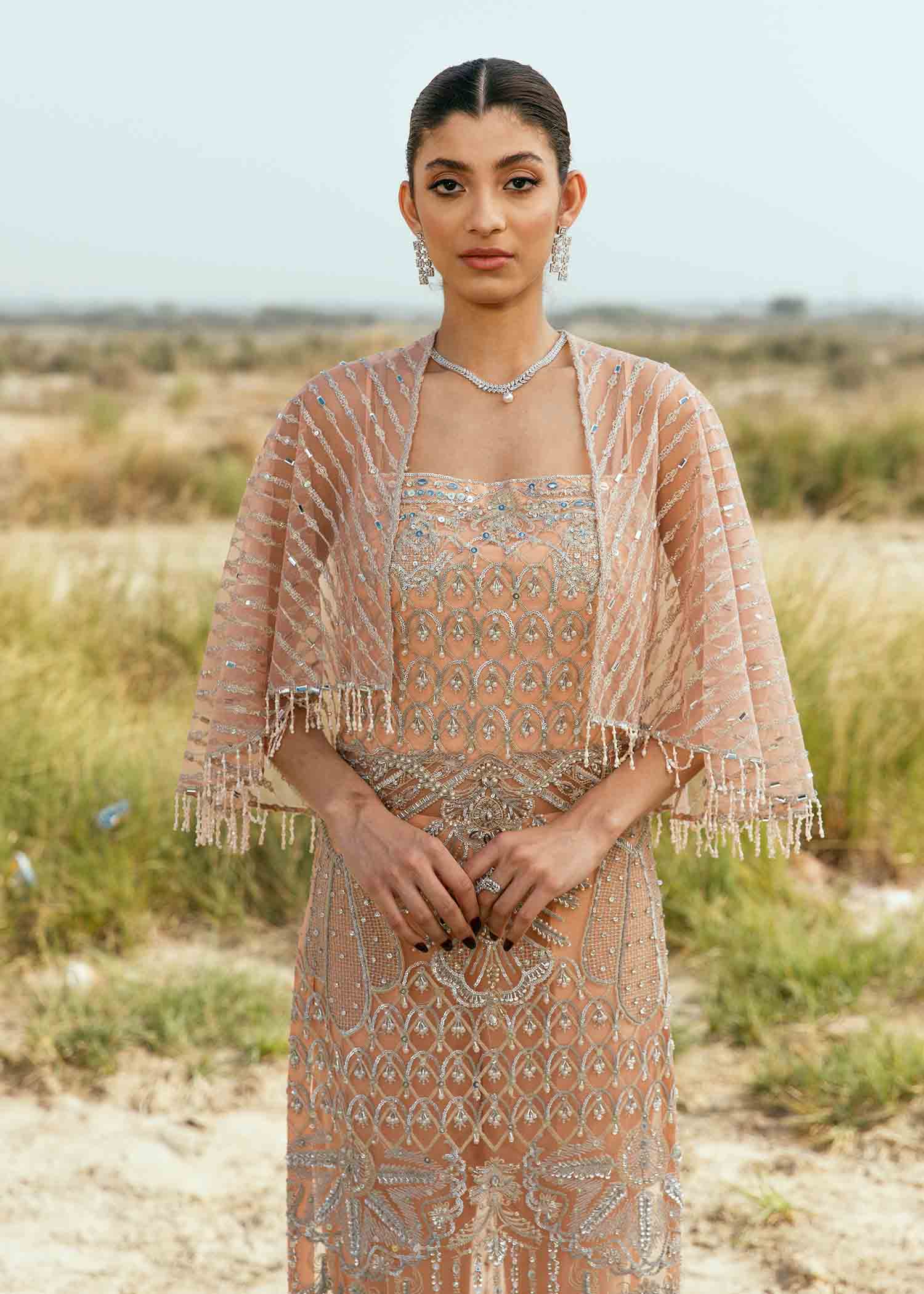 Pakistani Peach Embroidered Net Formal Gown (2-Piece) - Image 1