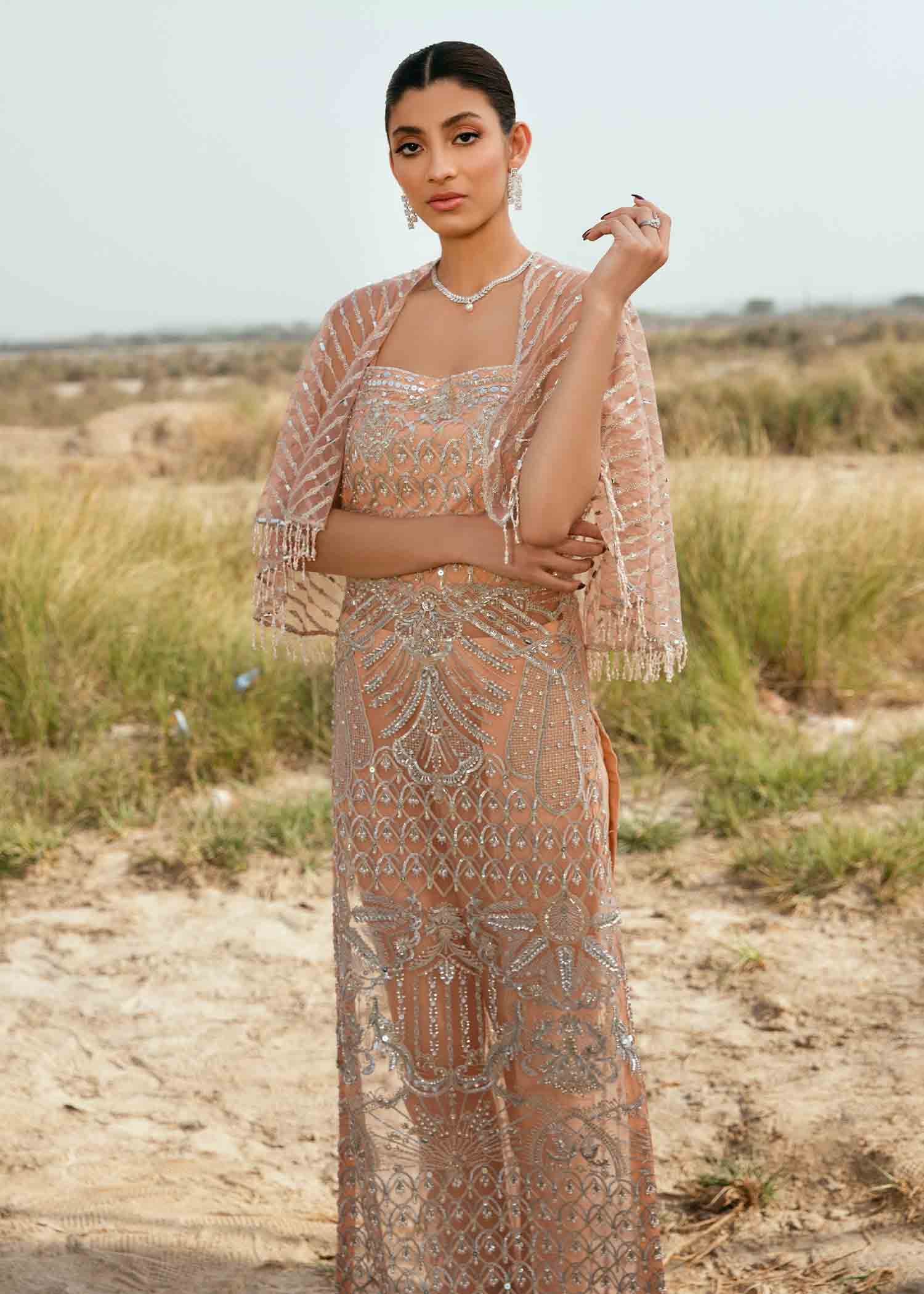 Pakistani Peach Embroidered Net Formal Gown (2-Piece) - Image 3